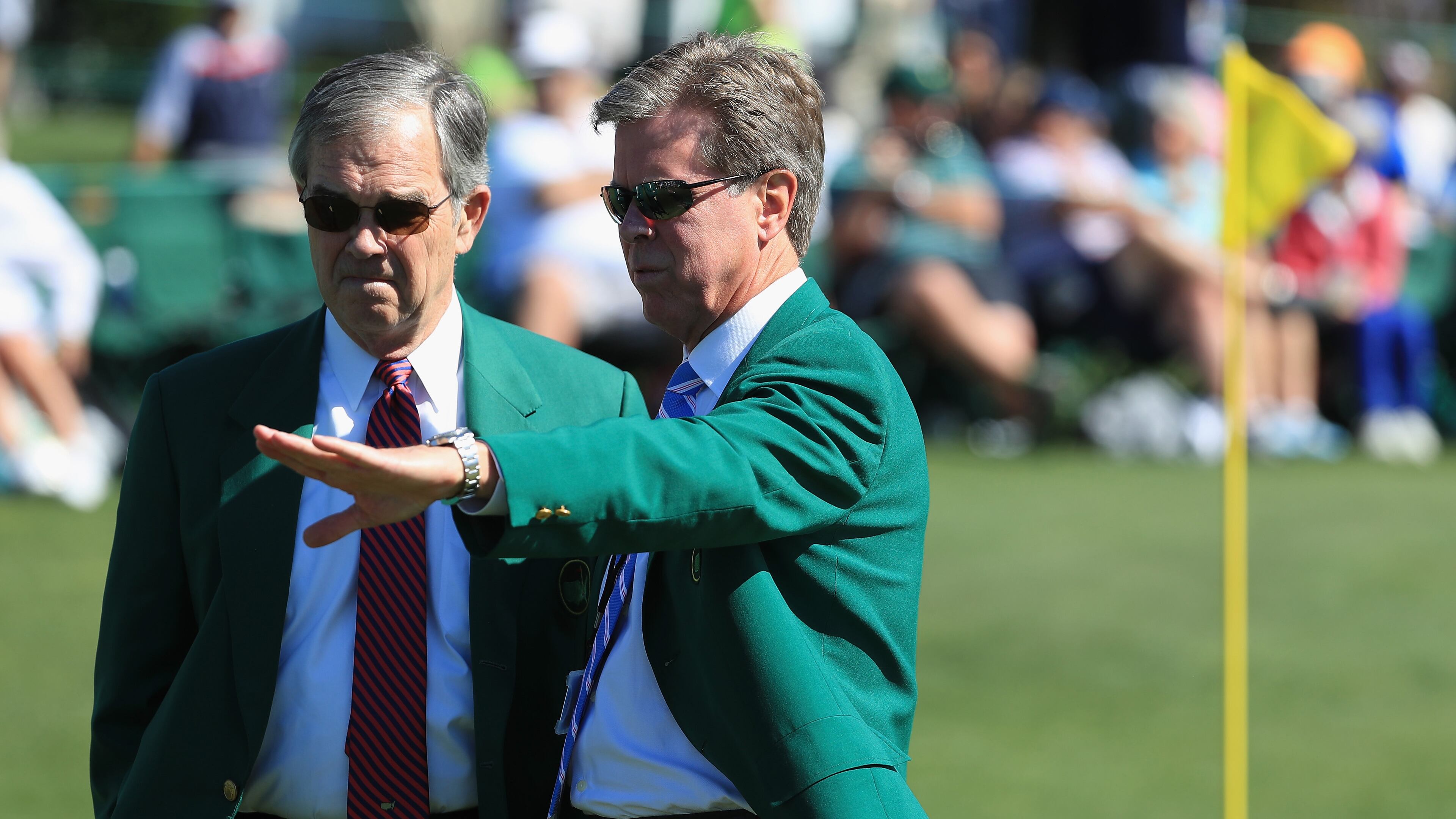AUGUSTA, GA - APRIL 05: Augusta National chairman Billy Payne and competition committee chairman Fred Ridley look over the 18th green during a practice round prior to the start of the 2016 Masters Tournament at the Augusta National Golf Club on April 5, 2016 in Augusta, Georgia. (Photo by Scott Halleran/Getty Images for Golfweek)