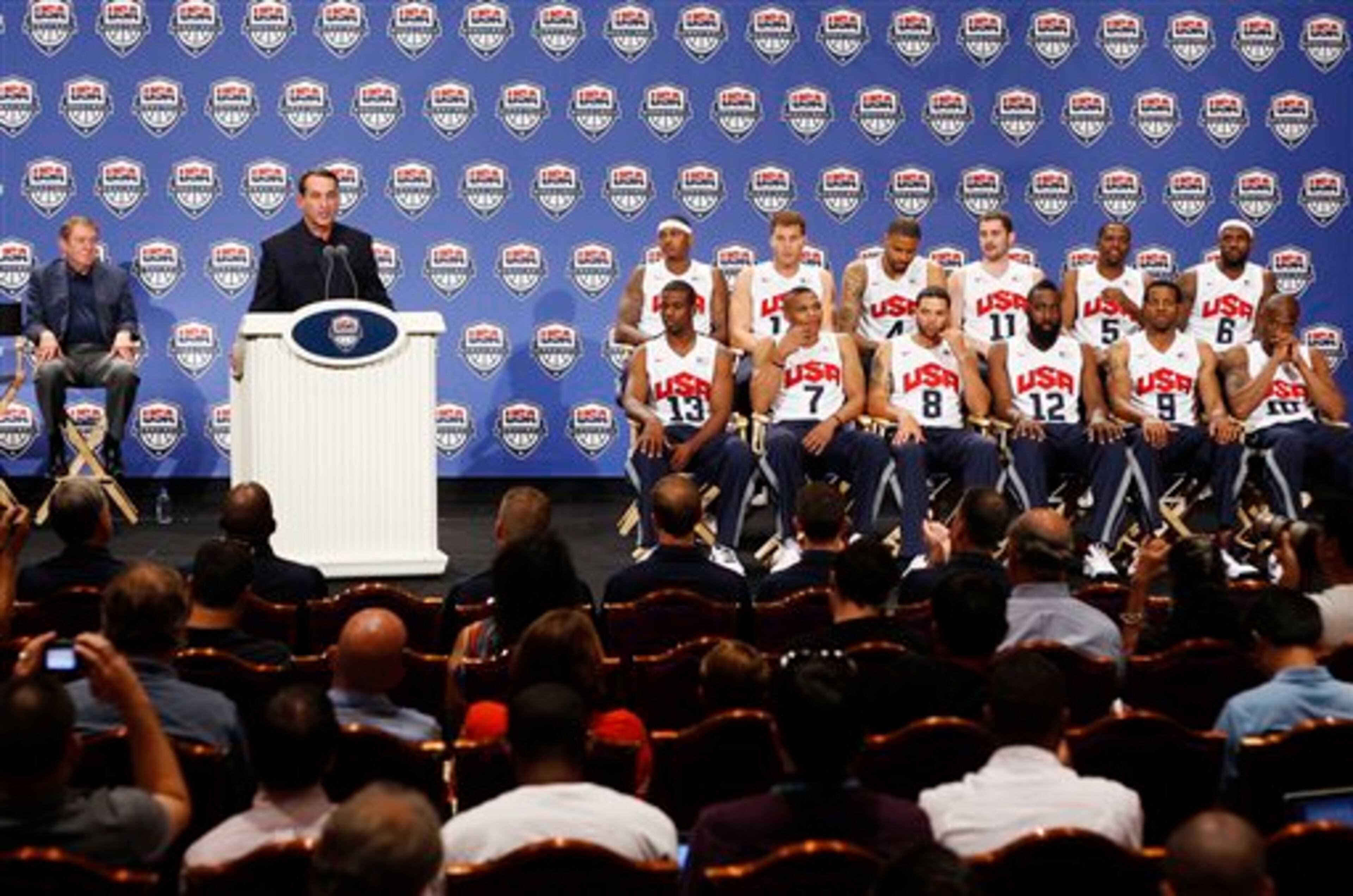 Coach Mike Krzyzewski, left, speaks during the USA men's basketball national team news conference announcing the final roster in Las Vegas on Saturday, July 7, 2012. (AP Photo/Las Vegas Review-Journal, Jason Bean)