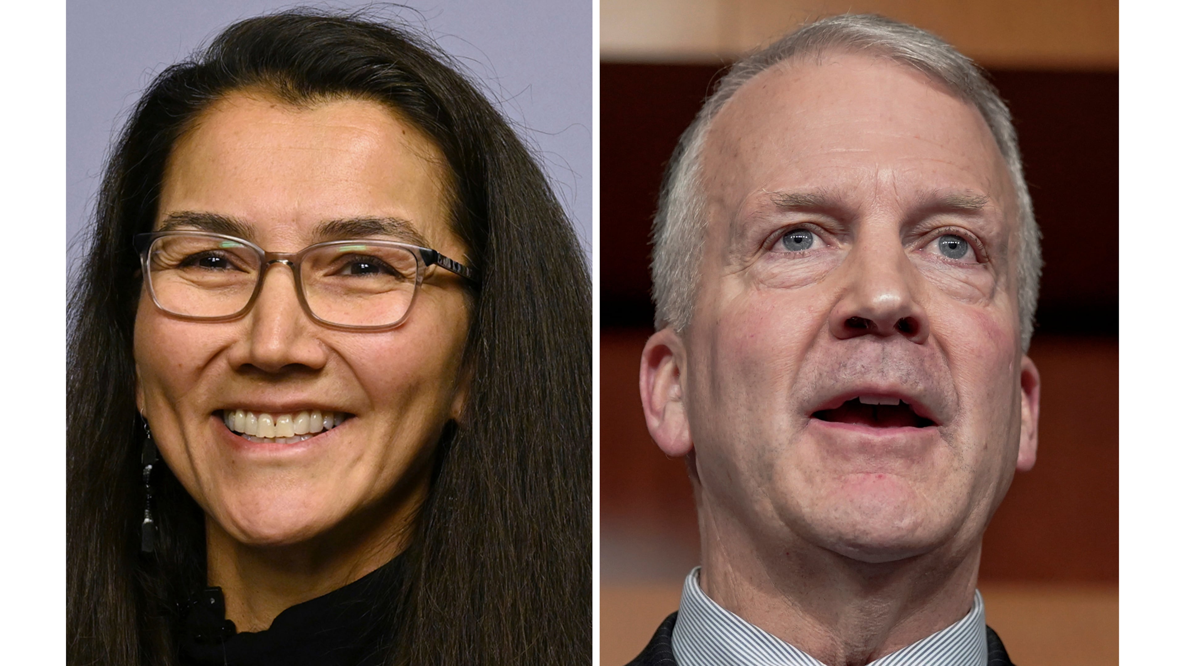 This photo combination shows Democratic Rep. Mary Peltola, Oct. 10, 2024, in Anchorage, Alaska, left, and Sen. Dan Sullivan, R-Alaska, Feb. 8, 2024, on Capitol Hill in Washington. (Bill Roth, Mariam Zuhaib/Anchorage Daily News via AP/AP, file)