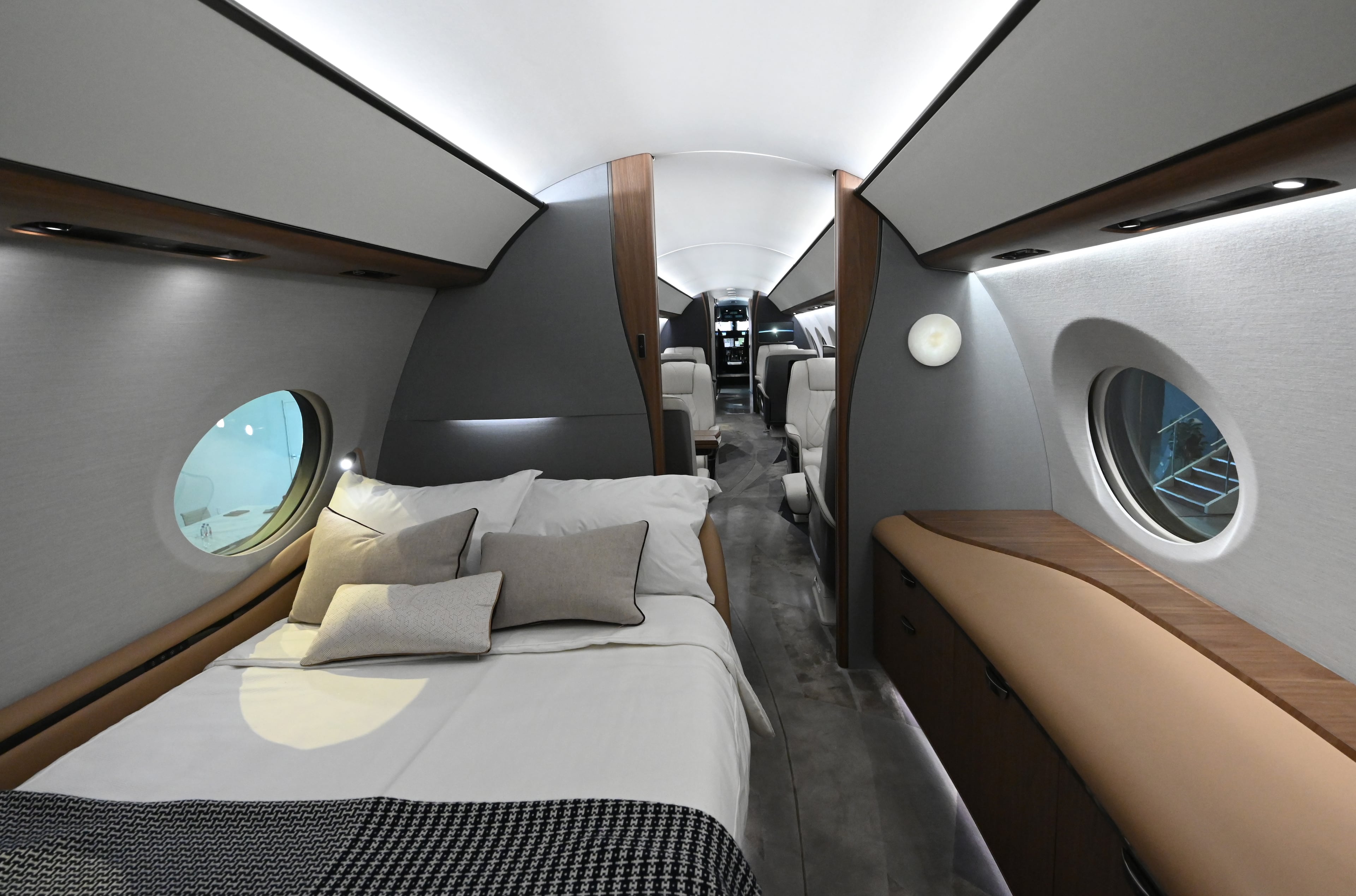 A sleeping area inside Gulfstream’s G700 aircraft at Gulfstream Aerospace Corporation’s showroom in Savannah. (Hyosub Shin/AJC)