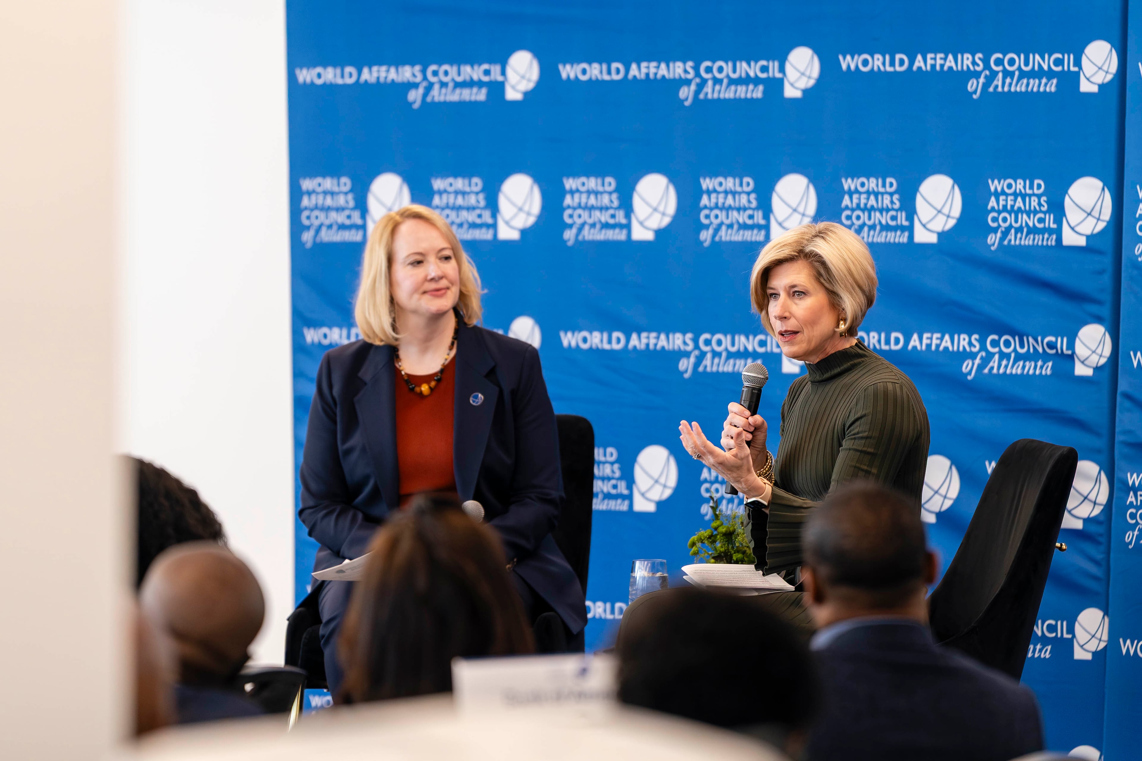 Rickey Bevington (left), president of the World Affairs Council of Atlanta, spoke with Metro Atlanta Chamber President and CEO Katie Kirkpatrick on Tuesday, Jan. 27, 2026, about World Cup preparation and potential economic impacts. (Courtesy of World Affairs Council of Atlanta)