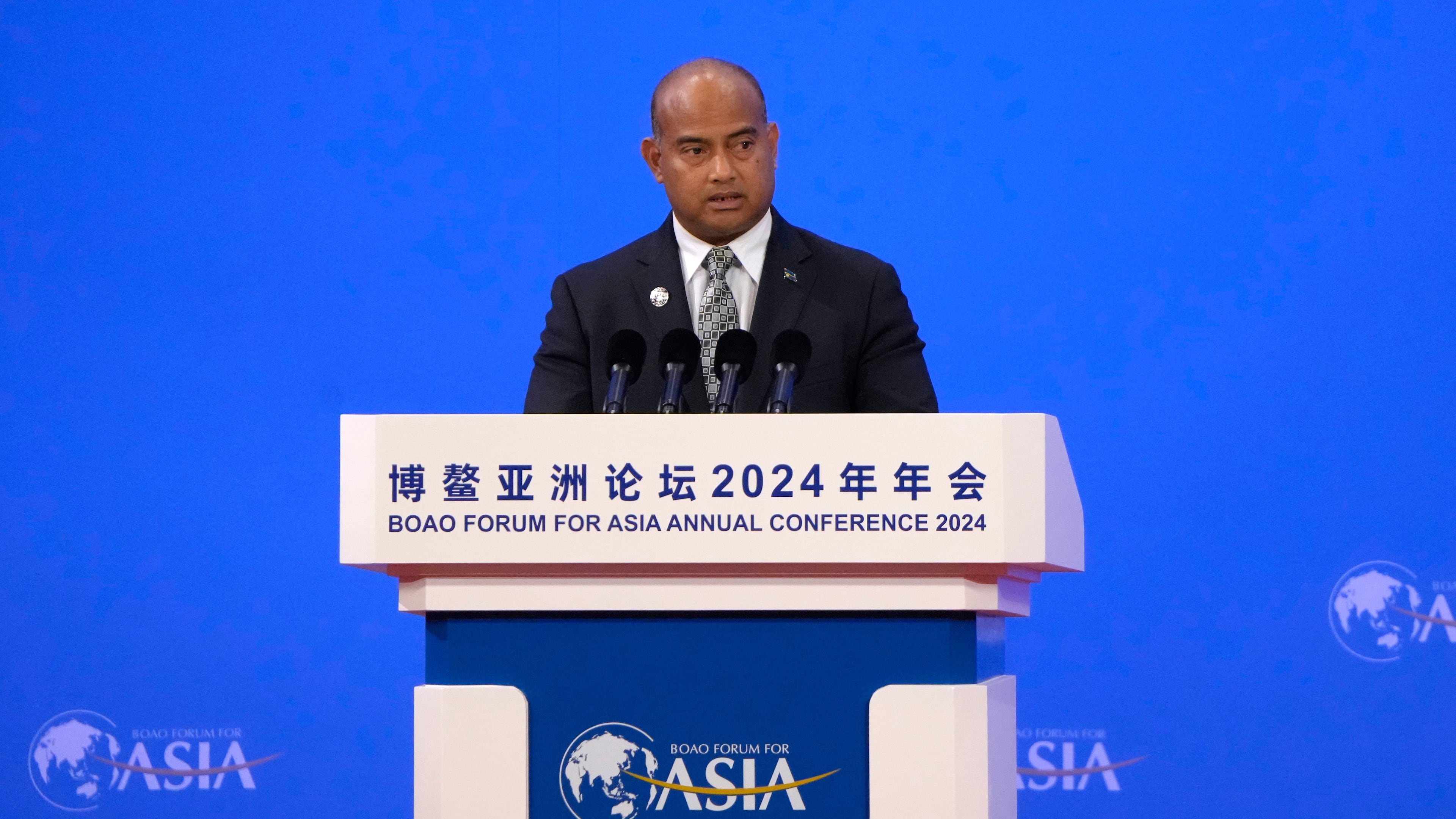 FILE - Nauru President David Adeang speaks at the opening ceremony of Boao Forum of Asia, in Boao in southern China's Hainan province on Thursday, March 28, 2024. (AP Photo/Tian Macleod Ji, File)