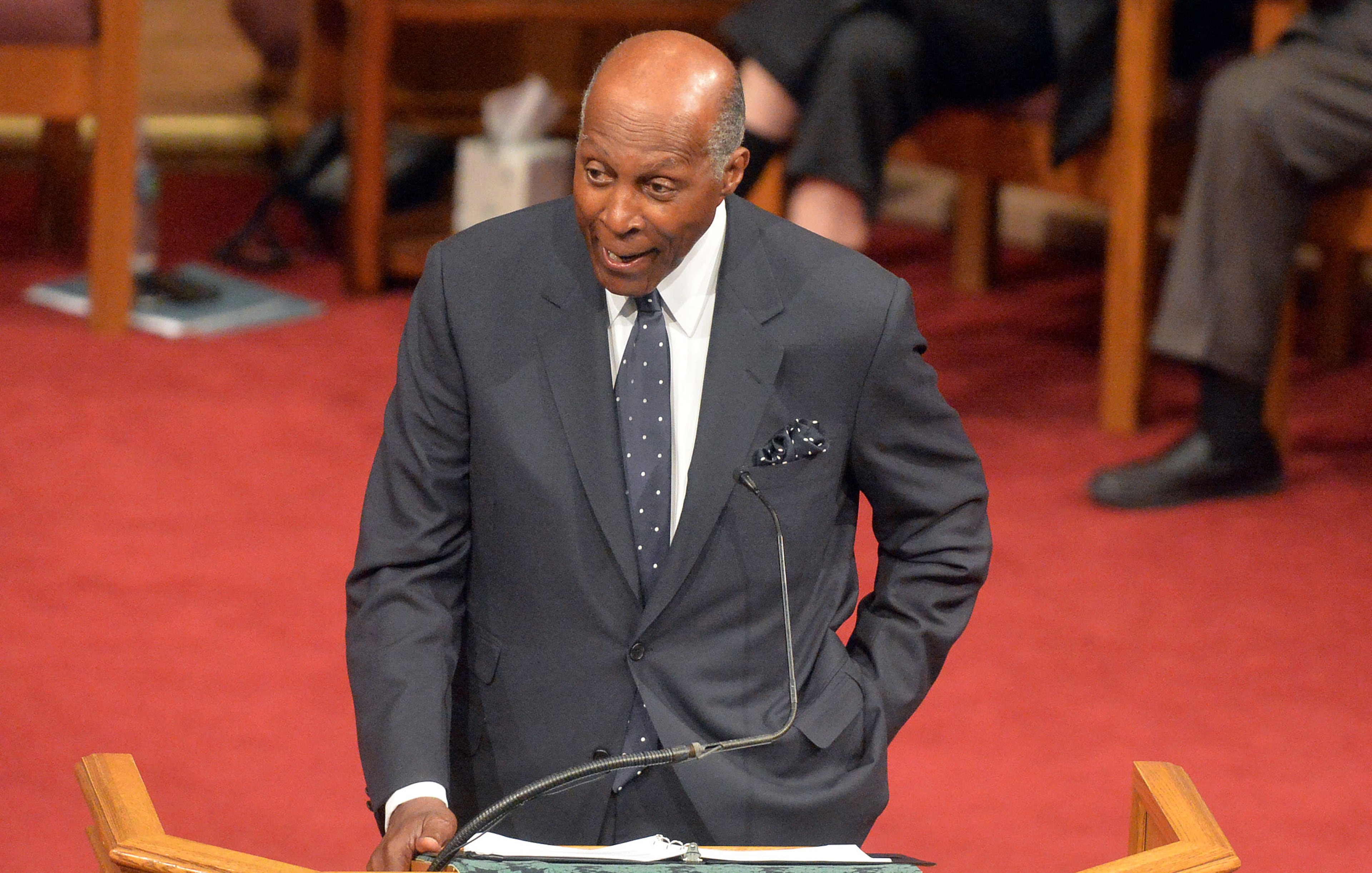 Vernon Jordan gives the eulogy during the funeral for his lifelong friend, Atlanta builder and civil rights leader Herman J. Russell, at Saint Philip AME Church, Saturday, Nov. 22, 2014. Russell, whose construction business helped shape Atlanta’s skyline, died Nov. 15 at the age of 83. KENT D. JOHNSON/KDJOHNSON@AJC.COM