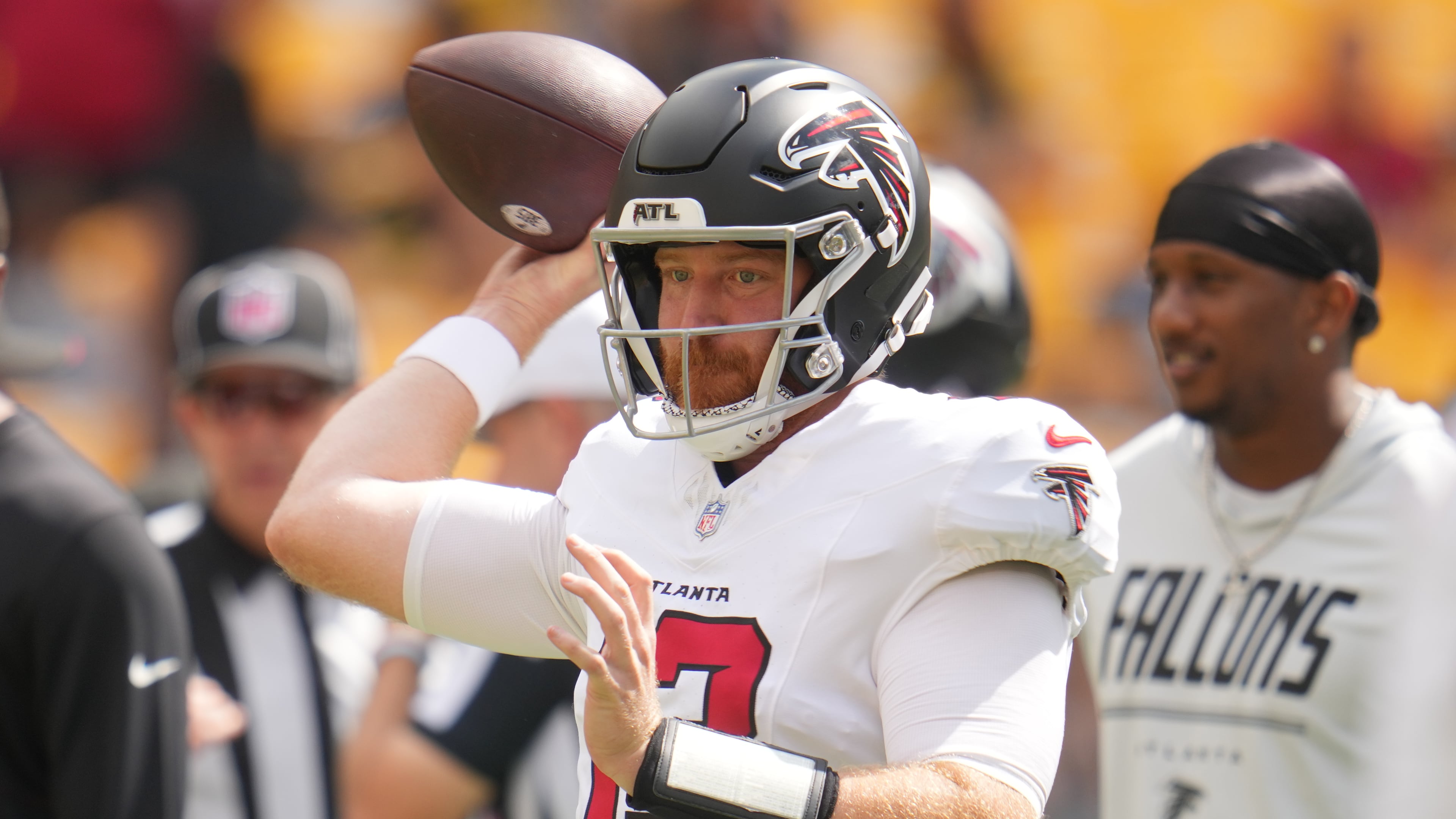 Atlanta Falcons quarterback Cooper Rush warms up before an NFL football game against the Pittsburgh Steelers, Sunday, Sept. 13, 2026, in Pittsburgh. (Gene J. Puskar/AP)