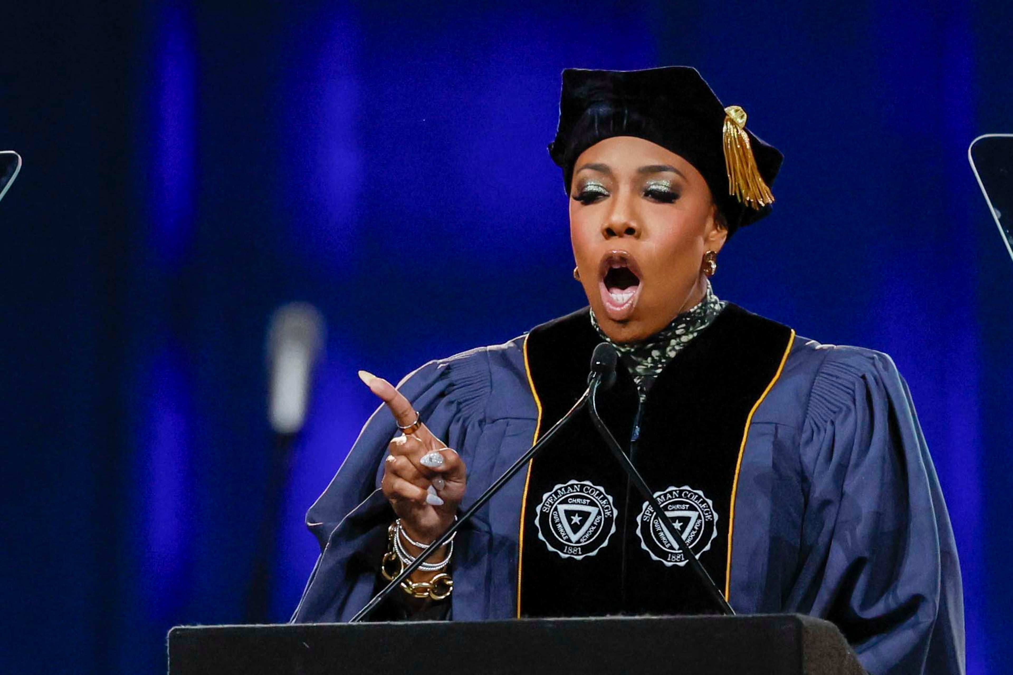 Symone D. Sanders Townsend delivers the commencement address at the Spelman College graduation ceremony held at the Georgia International Convention Center in College Park on Sunday, May 17, 2026. (Miguel Martinez/AJC)