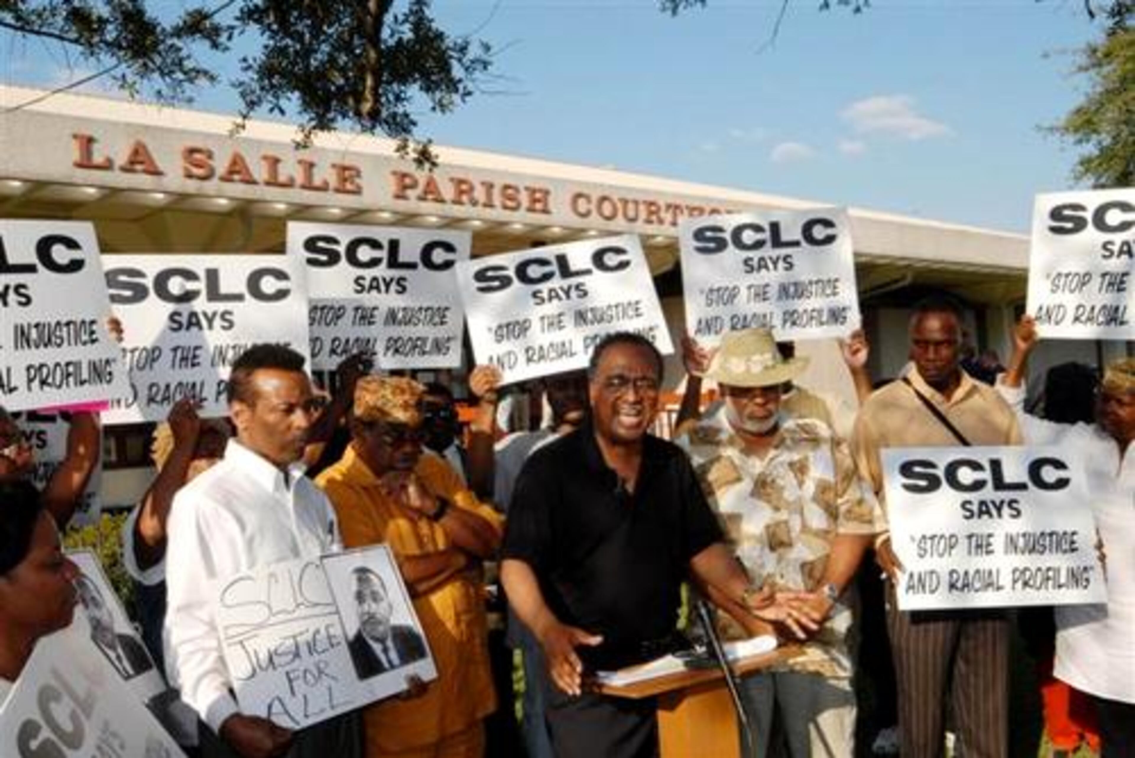 The president of the Southern Christian Leadership Conference (SCLC) Charles Steele Jr. speaks outside the LaSalle Parish court house in Jena, Louisiana, U.S, on Wednesday.