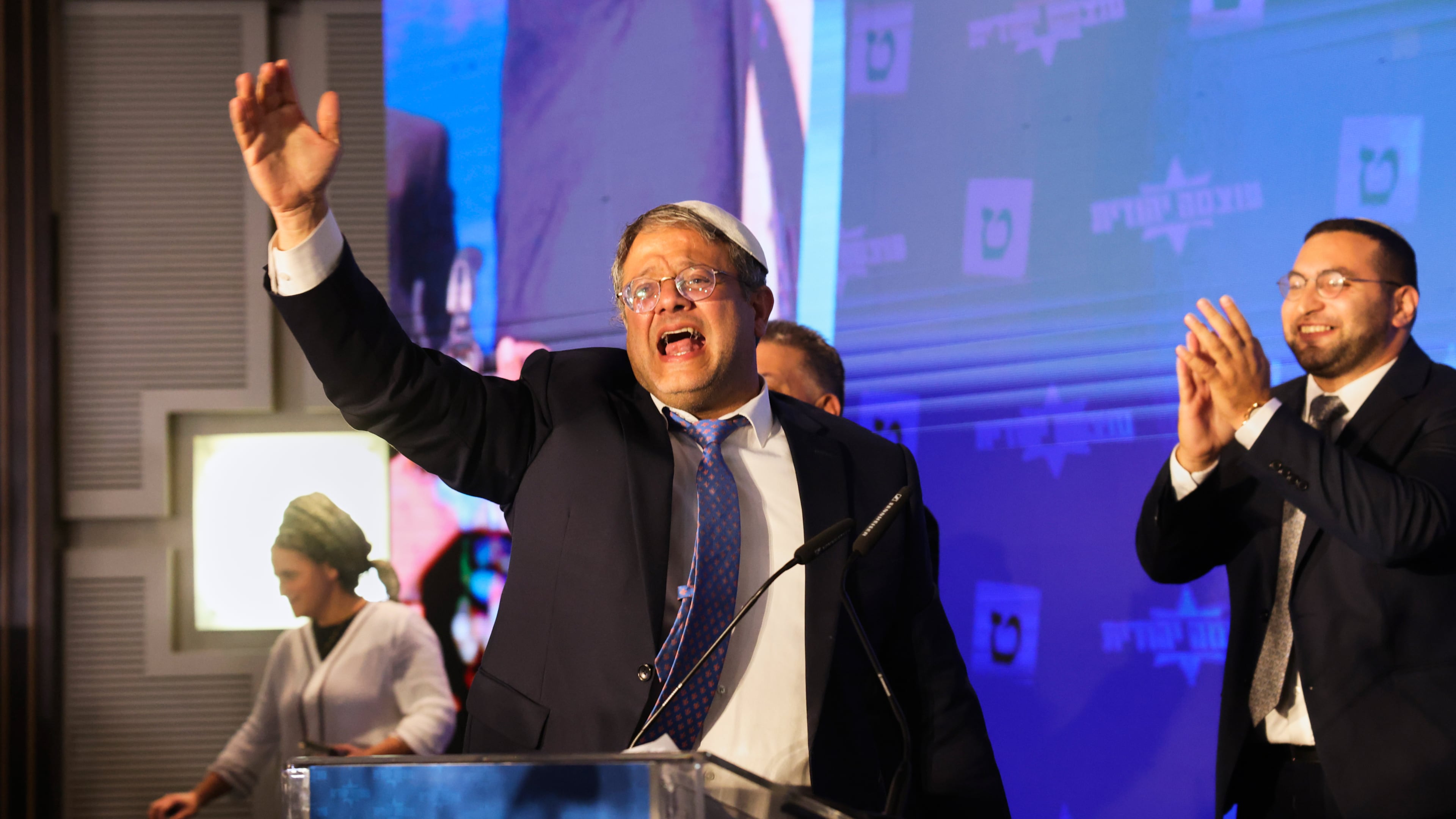 FILE - Israeli far-right lawmaker Itamar Ben-Gvir gestures after election exit poll results are released at his party's headquarters in Jerusalem on Nov. 2, 2022. (AP Photo/Oren Ziv, File)