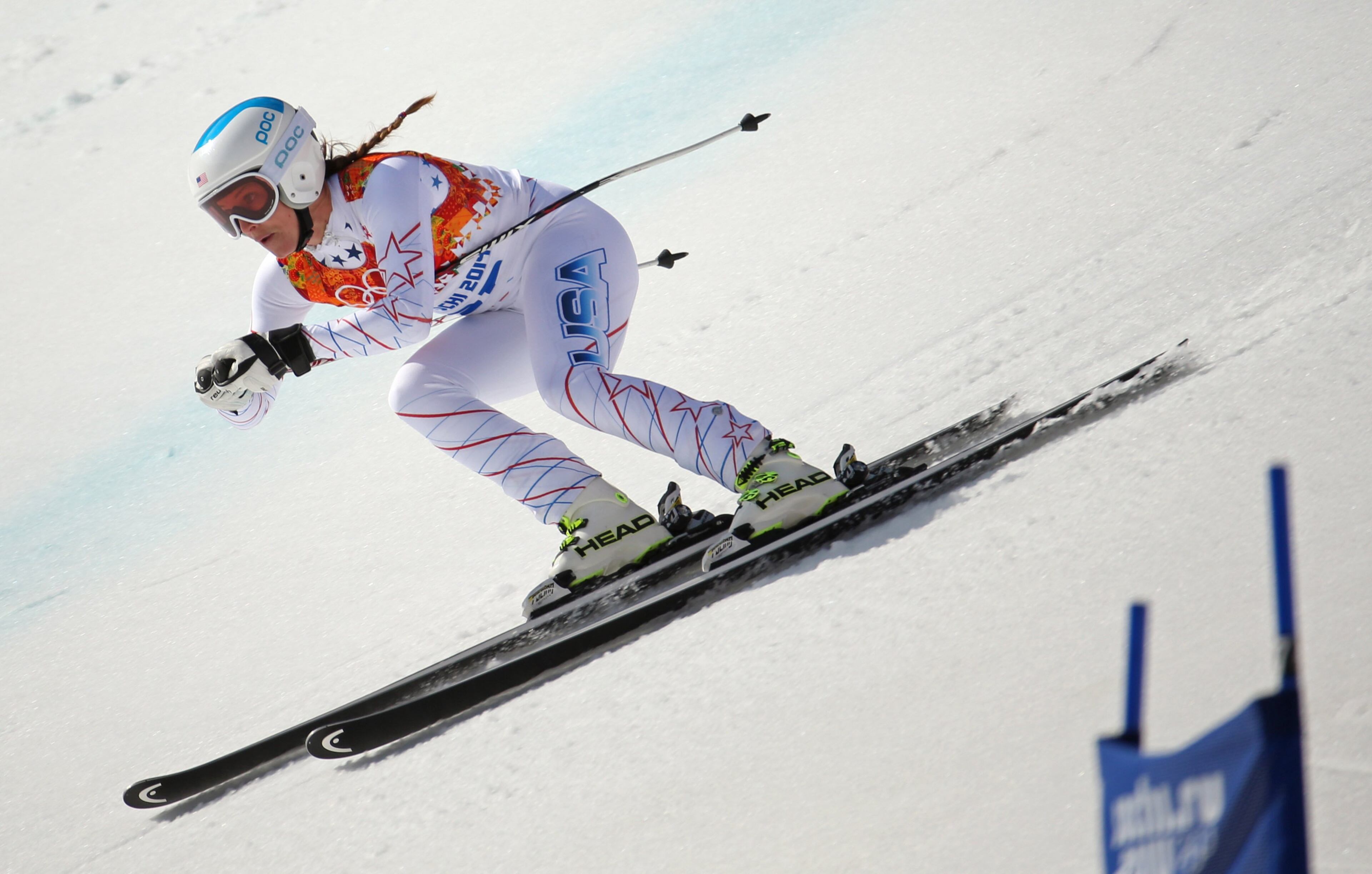 USA's Julie Mancuso competes in the downhill portion of the women's super combined skiing at the Rosa Khutor Alpine Center during the Winter Olympics in Sochi, Russia, Monday, Feb. 10, 2014. (Brian Cassella/Chicago Tribune/MCT)