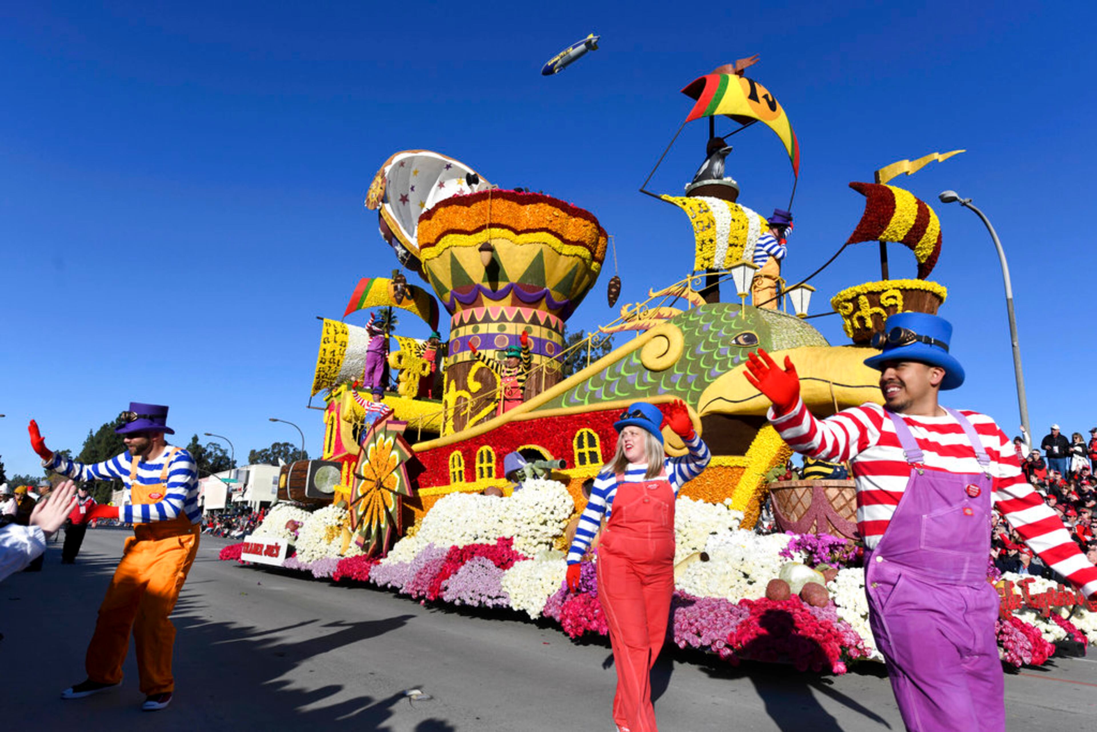 Trader Joe's company float, which won the Crown City Innovator Award, proceeds down the route during the 130th Rose Parade in Pasadena, Calif., Tuesday, Jan. 1, 2019. (AP Photo/Michael Owen Baker)