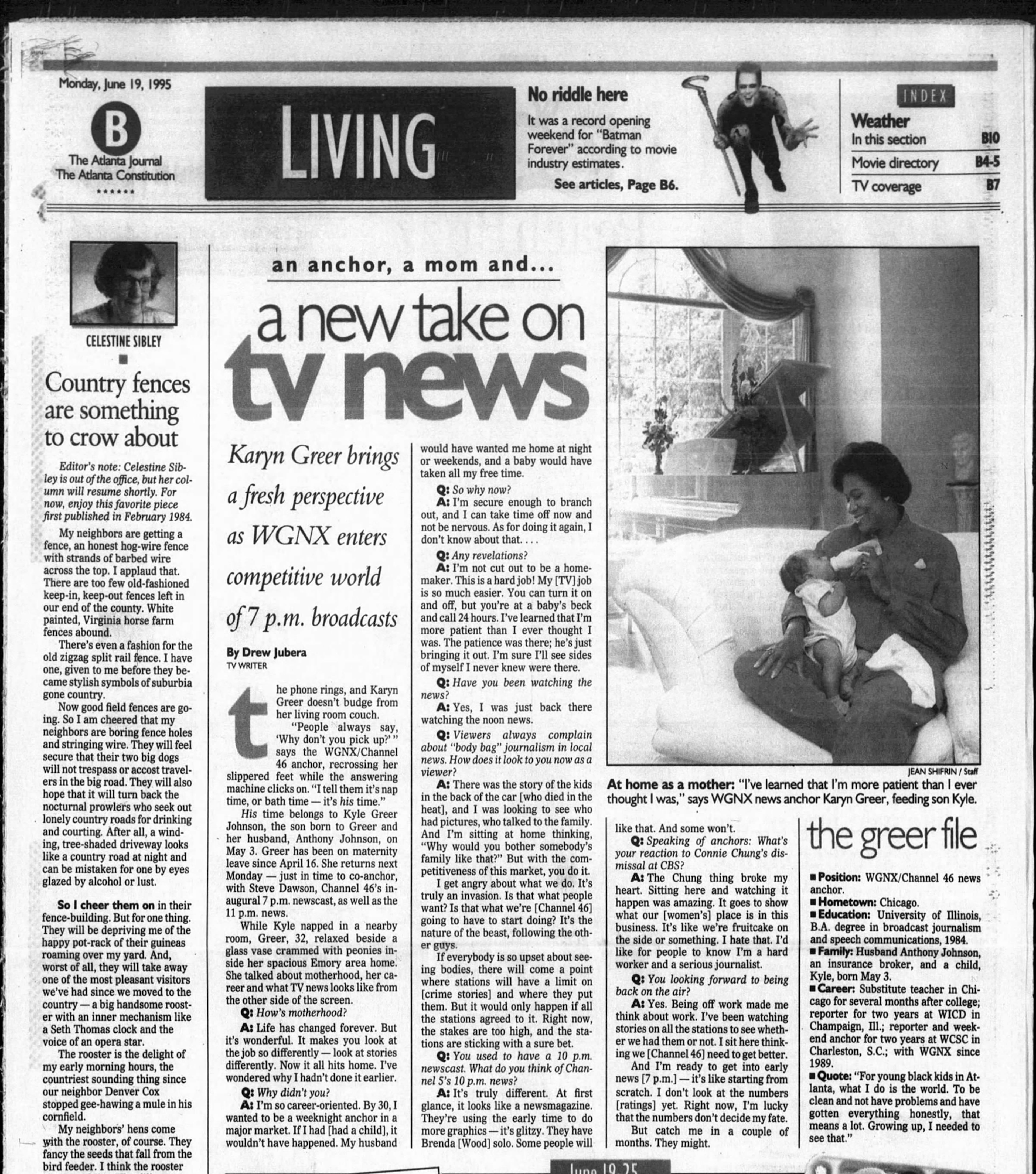The Atlanta Journal and Atlanta Constitution profiled Karyn Greer in 1995 when she was at the CBS affiliate at the time, WGNX-TV. (AJC file)