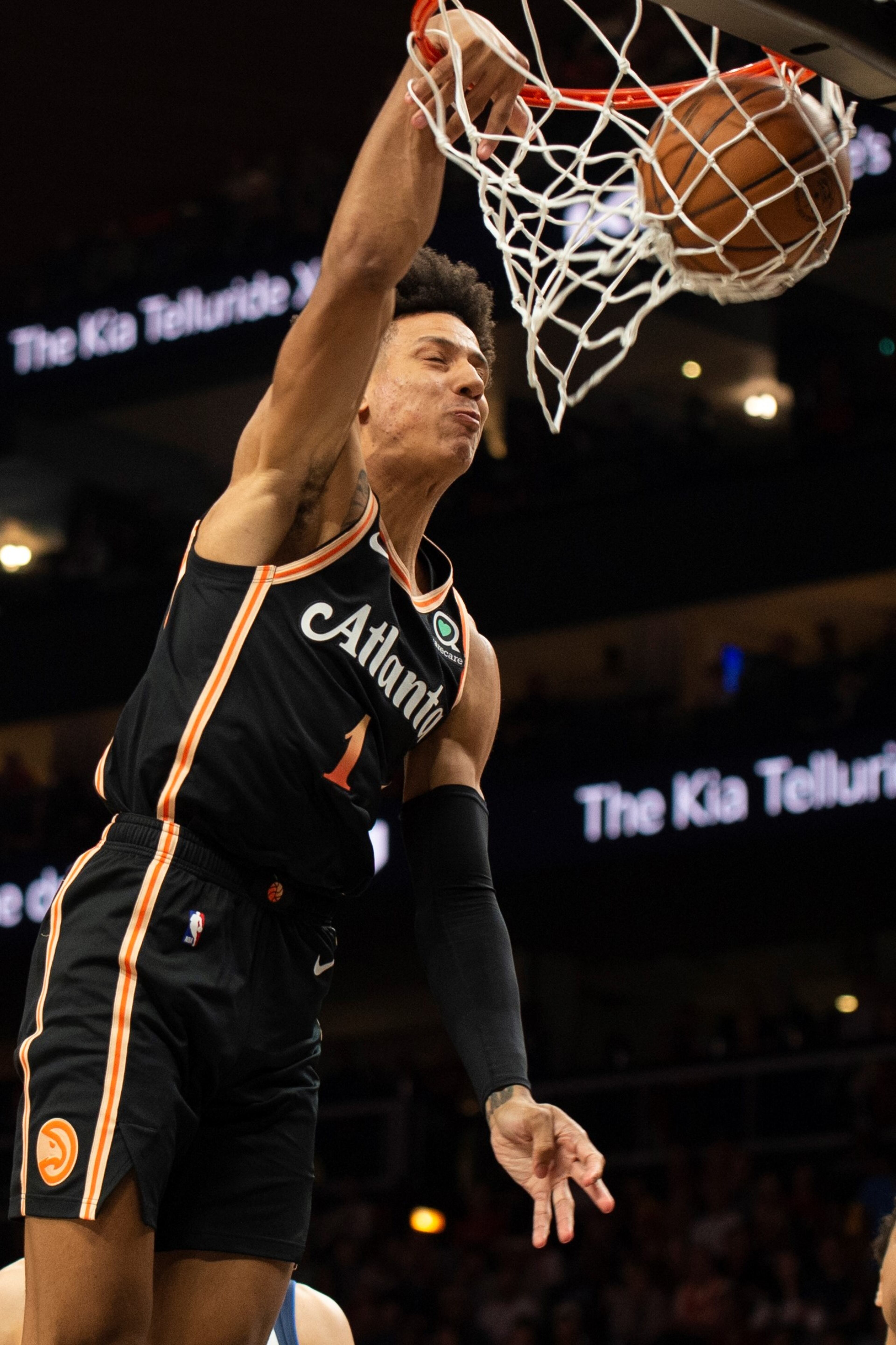 Hawks forward Jalen Johnson dunks during the first half of an NBA basketball game against the Dallas Mavericks, Sunday, April 2, 2023, in Atlanta.