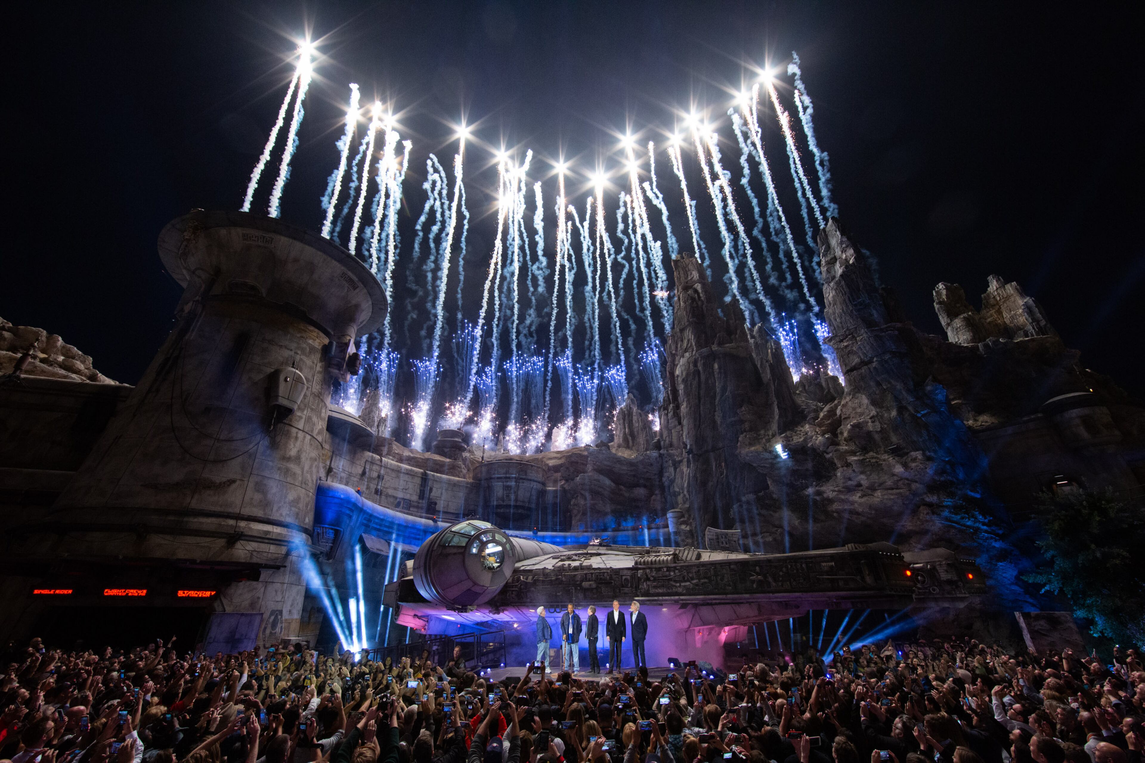 Star Wars: Galaxyâs Edge at Disneyland Park in Anaheim, California, lights up with galactic fanfare during its pre-opening ceremony, May 29, 2019. Star Wars: Galaxyâs Edge opens May 31, 2019, at Disneyland Resort in California and Aug. 29, 2019, at Walt Disney World Resort in Florida. Reservations and valid theme park admission are required to enter Star Wars: Galaxyâs Edge at Disneyland Park between May 31 and June 23. (Joshua Sudock/Disneyland Resort)