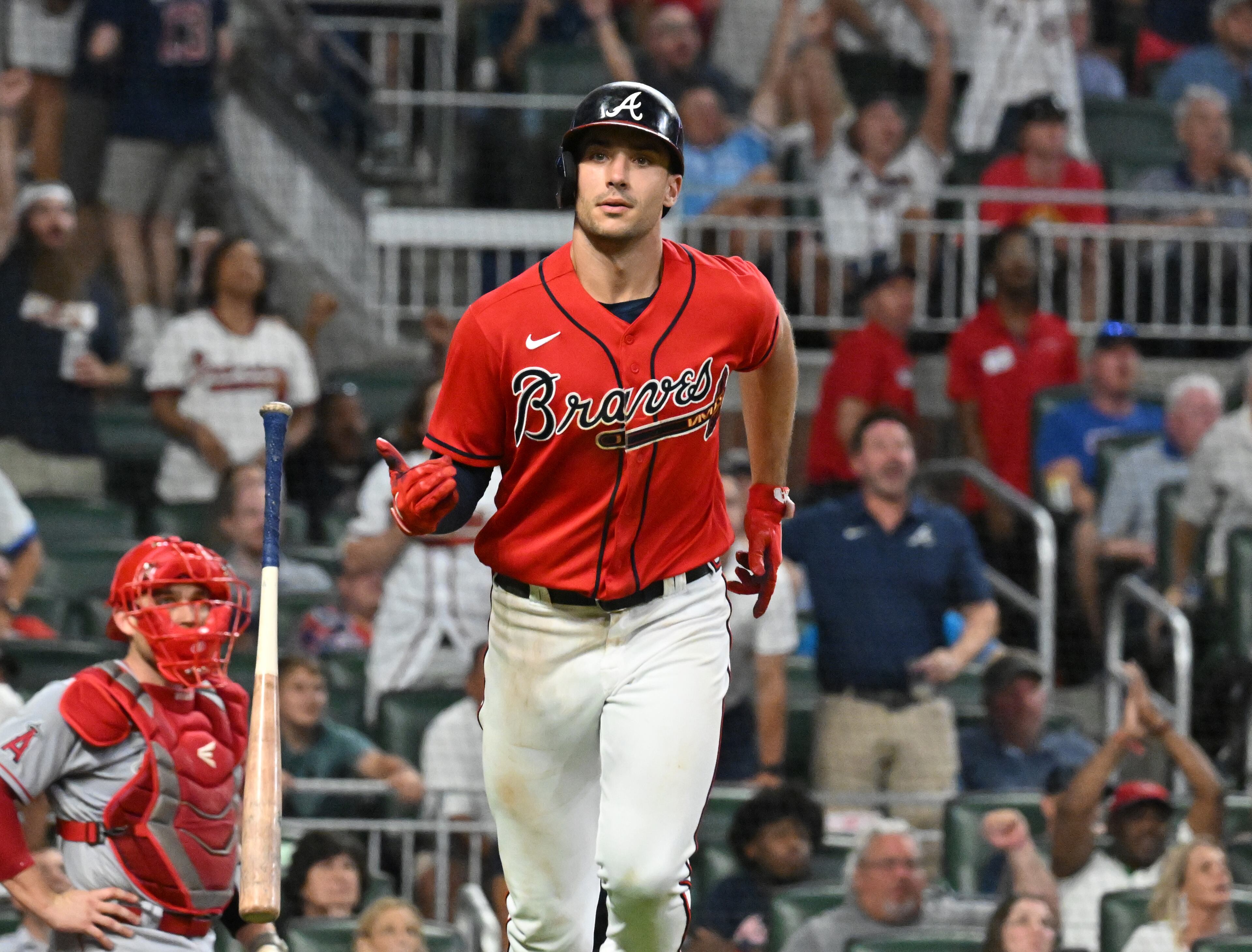 Braves' first baseman Matt Olson (28) hits a two-run home run in the 7th inning at Truist Park on Friday, July 22, 2022. The Atlanta Braves won 8-1 over the Los Angeles Angels. (Hyosub Shin / Hyosub.Shin@ajc.com)