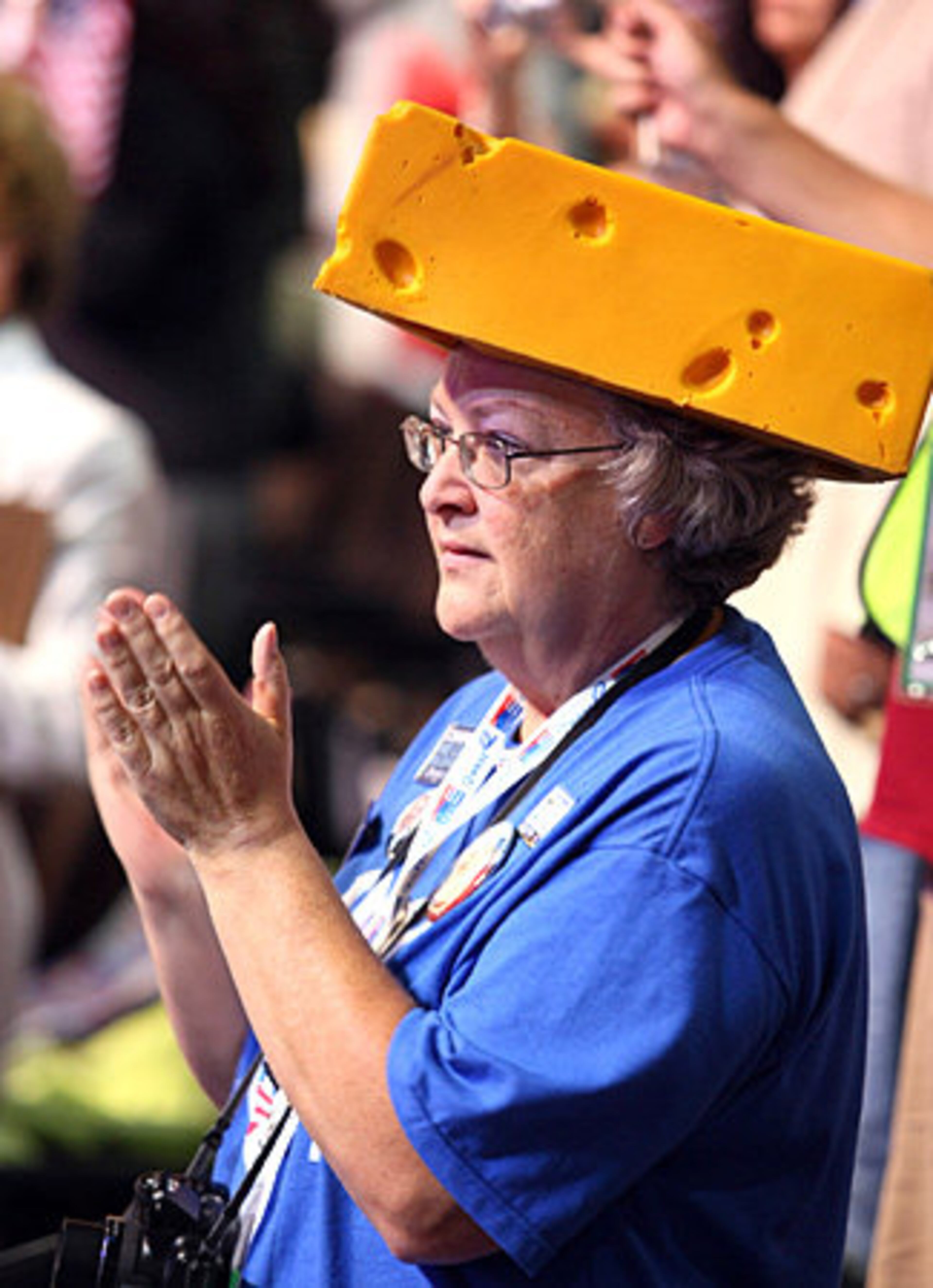 And you thought cheeseheads only showed up at Packers games? Wisconsin delegate Ginnie Bosse shows her love for her state during the convention.