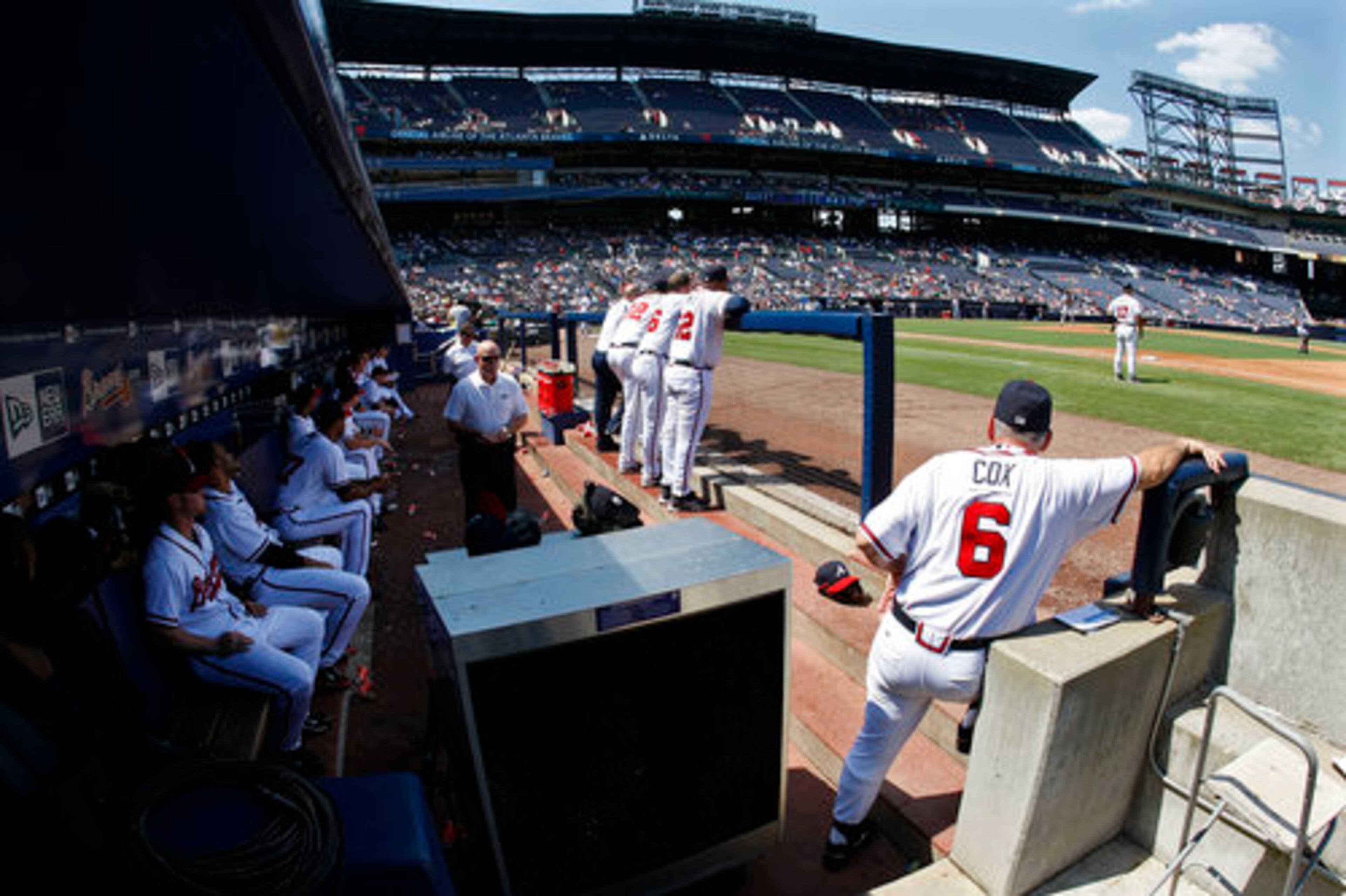 Atlanta Braves manager Bobby Cox looks on from the dugout during 5th inning action against the Washington Nationals as the Braves cut the Nationals lead to 4-2 at Turner Field in Atlanta on Wednesday, Sept. 15, 2010.