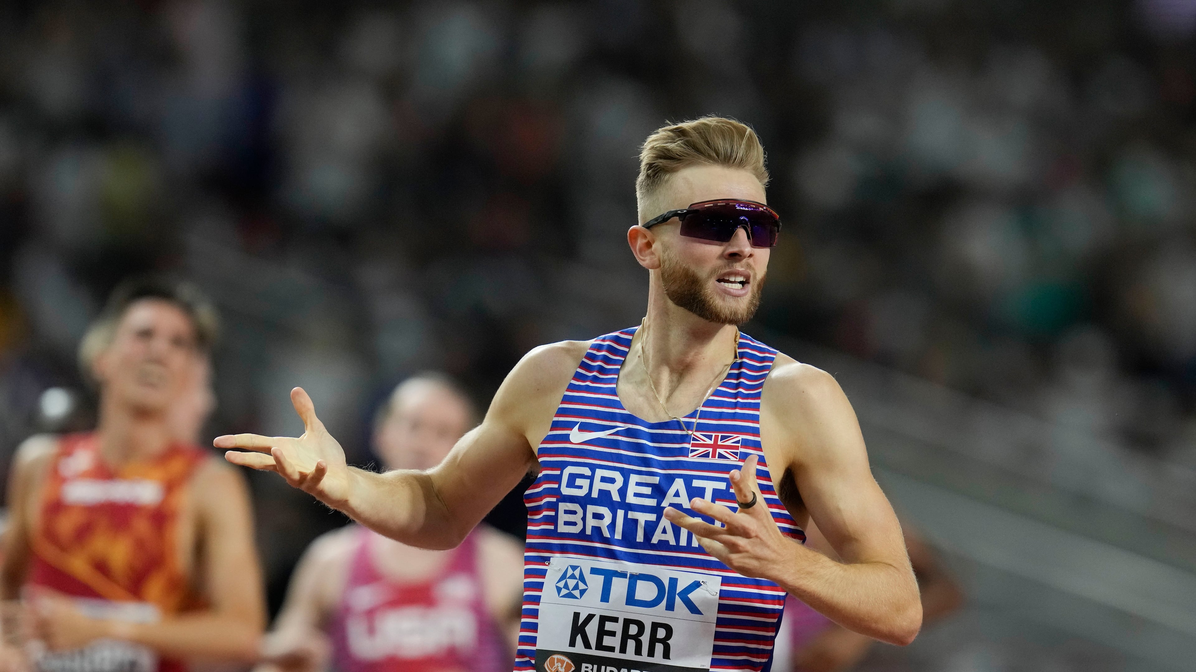 FILE - Josh Kerr, of Great Britain, reacts after winning the men's 1500-meters final during the World Athletics Championships in Budapest, Hungary, Wednesday, Aug. 23, 2023. (AP Photo/Ashley Landis, file)