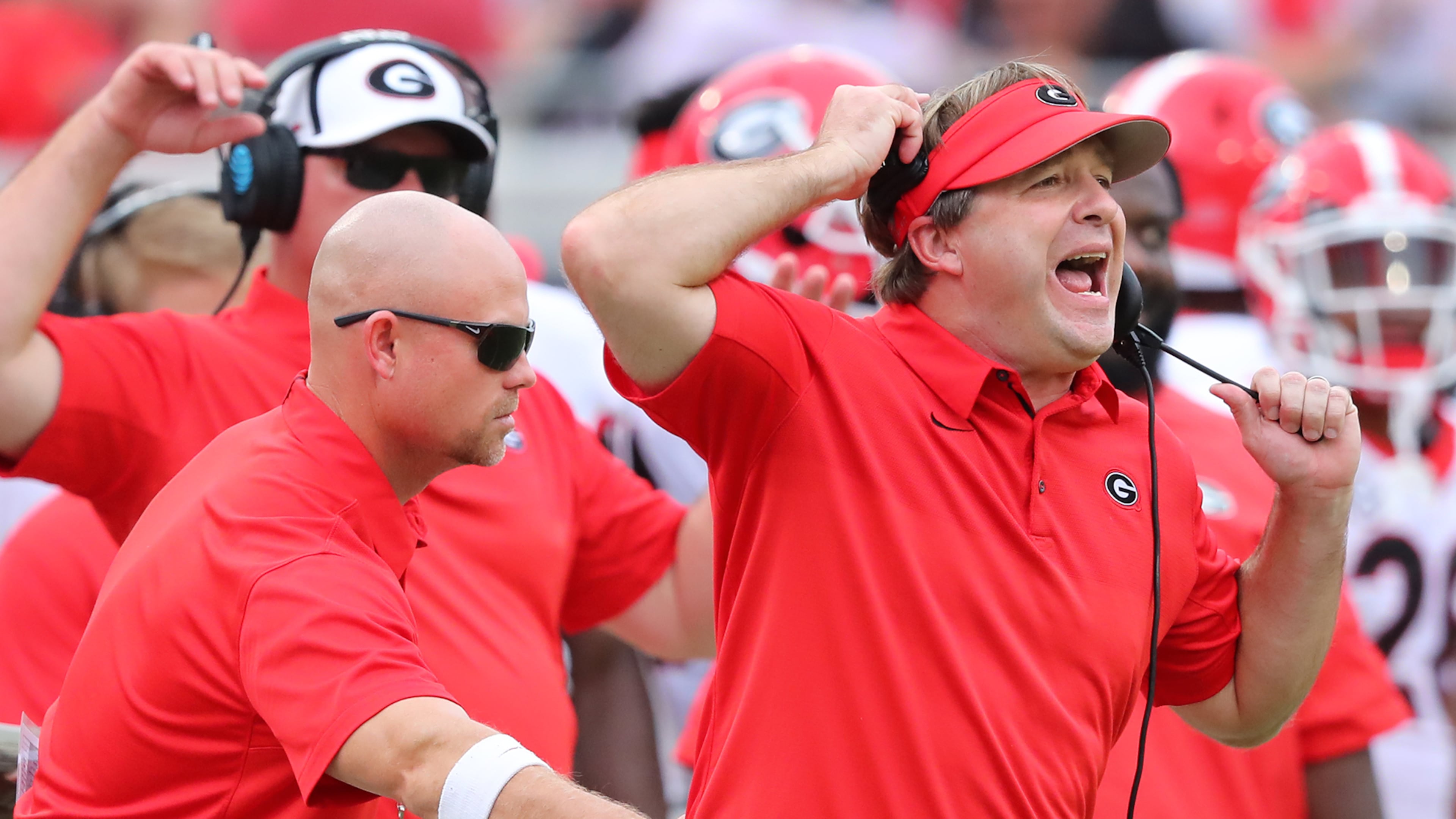 Georgia head coach Kirby Smart coaches his team up from the sidelines during the first half against Florida in a NCAA college football game on Saturday, October 28, 2017, in Jacksonville. Curtis Compton/ccompton@ajc.com