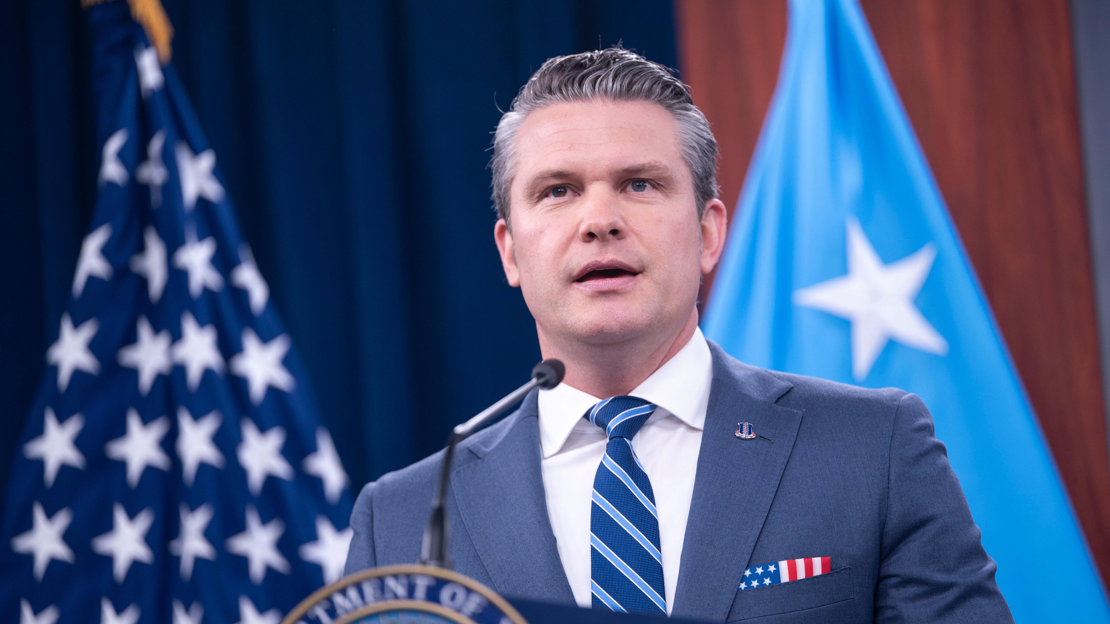Defense Secretary Pete Hegseth speaks to members of the media during a press briefing at the Pentagon, Thursday, April 16, 2026 in Washington. (AP Photo/Kevin Wolf)