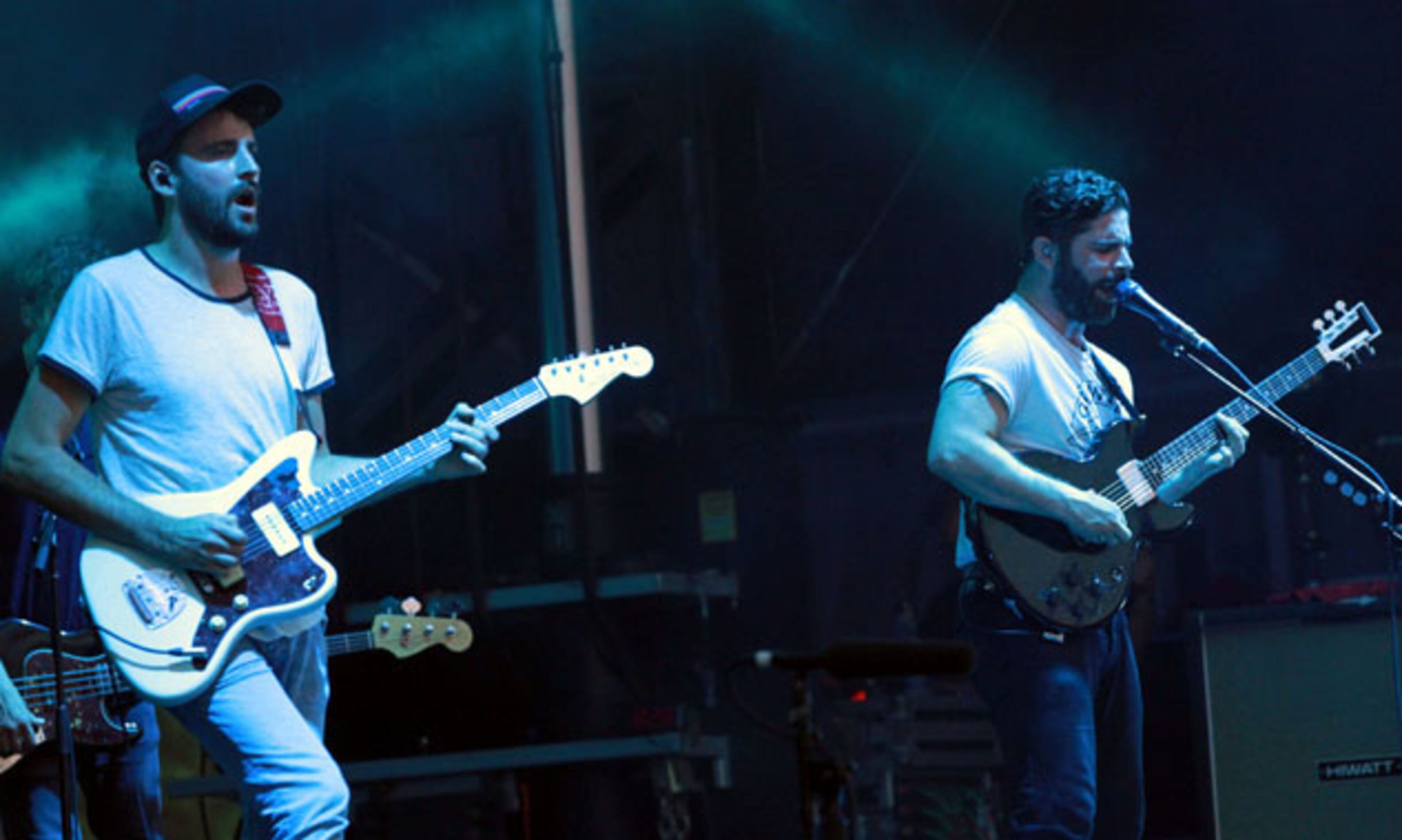 Foals perform on stage. The fourth annual Shaky Knees Music Fest took over Centennial Olympic Park for three days of music offerings on four stages. Day Two was another beautiful day; Saturday, May 14, 2016, featured My Morning Jacket, Walk the Moon, The Decemberists, Huey Lewis & the News, Foals, The Dear Hunter and many more artists. Robb Cohen Photography & Video /www.RobbsPhotos.com