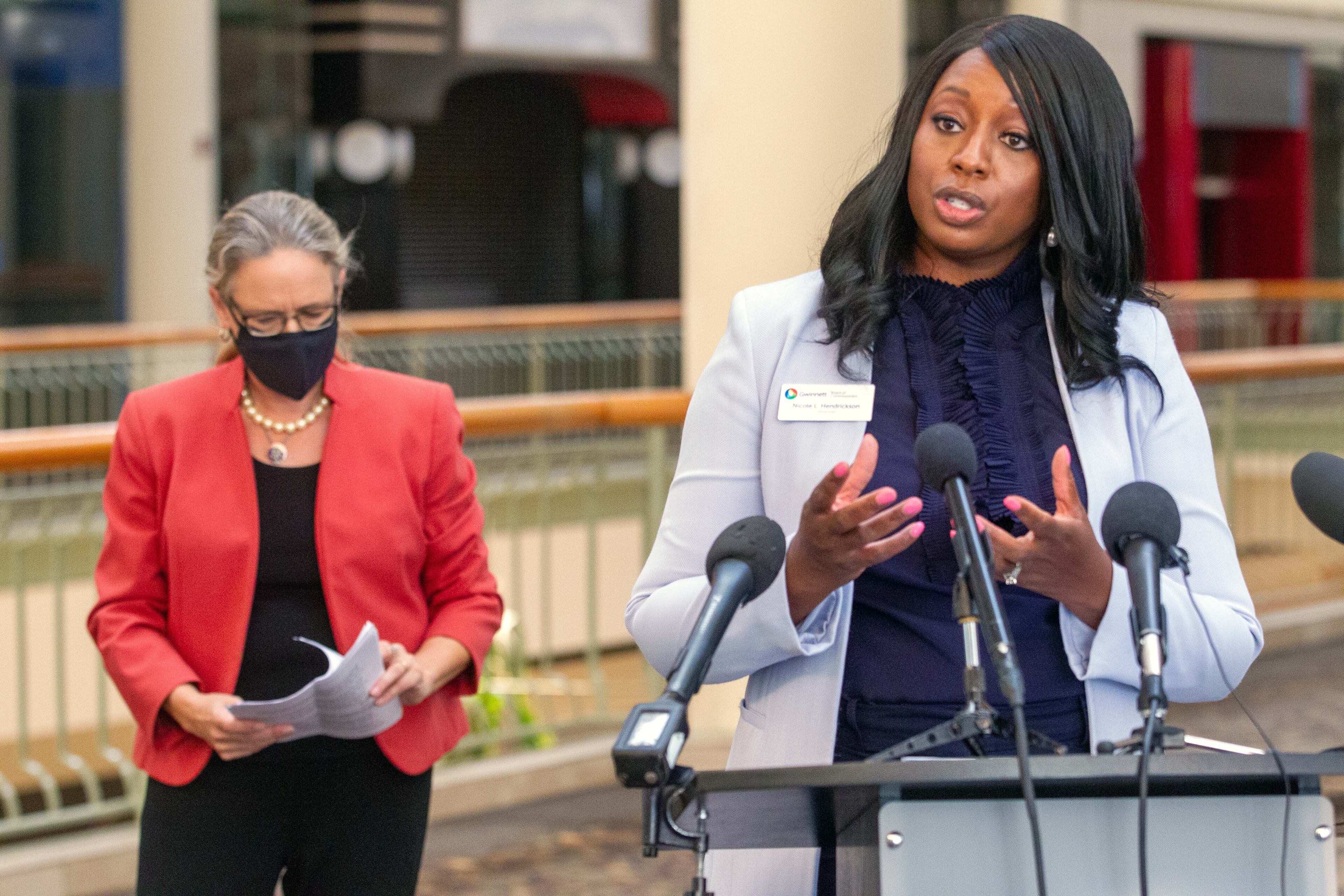 Gwinnett County Commission Chairwoman Nicole Love Hendrickson talks during a press conference at the mostly vacant Gwinnett Place Mall in Duluth Wednesday, August 18, 2021. STEVE SCHAEFER FOR THE ATLANTA JOURNAL-CONSTITUTION