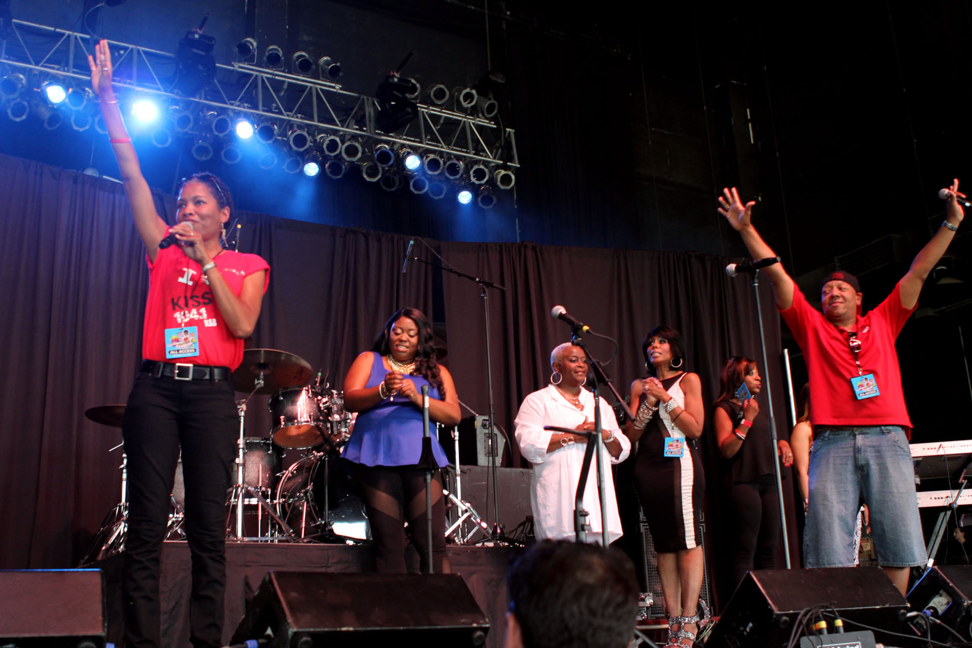 The KISS 104.1 radio crew (from left), Jennifer Keitt, April Dodd, Twanda Black, Sasha the Diva, Veronica Waters and Art Terrell, host the 2013 Flashback Festival at Aaron's Amphitheatre at Lakewood in Atlanta.