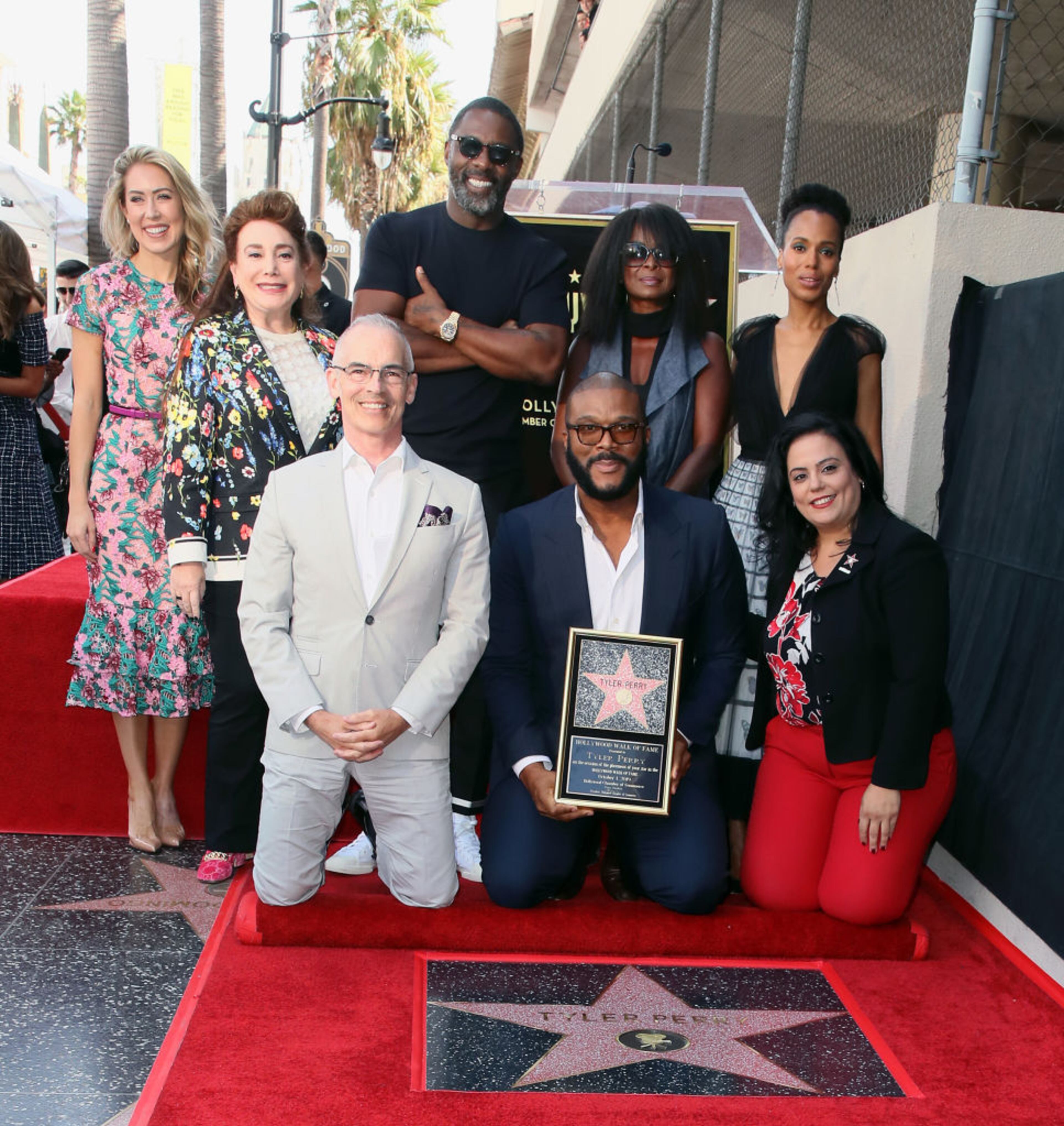 HOLLYWOOD, CALIFORNIA - OCTOBER 01: (L-R, front row) Mitch O'Farrell Tyler Perry and Rana Ghadban and (L-R, back row) Sarah Zurell, Donelle Dadigan, Idris Elba, Crystal Fox and Kerry Washington attend Tyler Perry being honored with a Star on the Hollywood Walk of Fame on October 01, 2019 in Hollywood, California. (Photo by David Livingston/Getty Images)