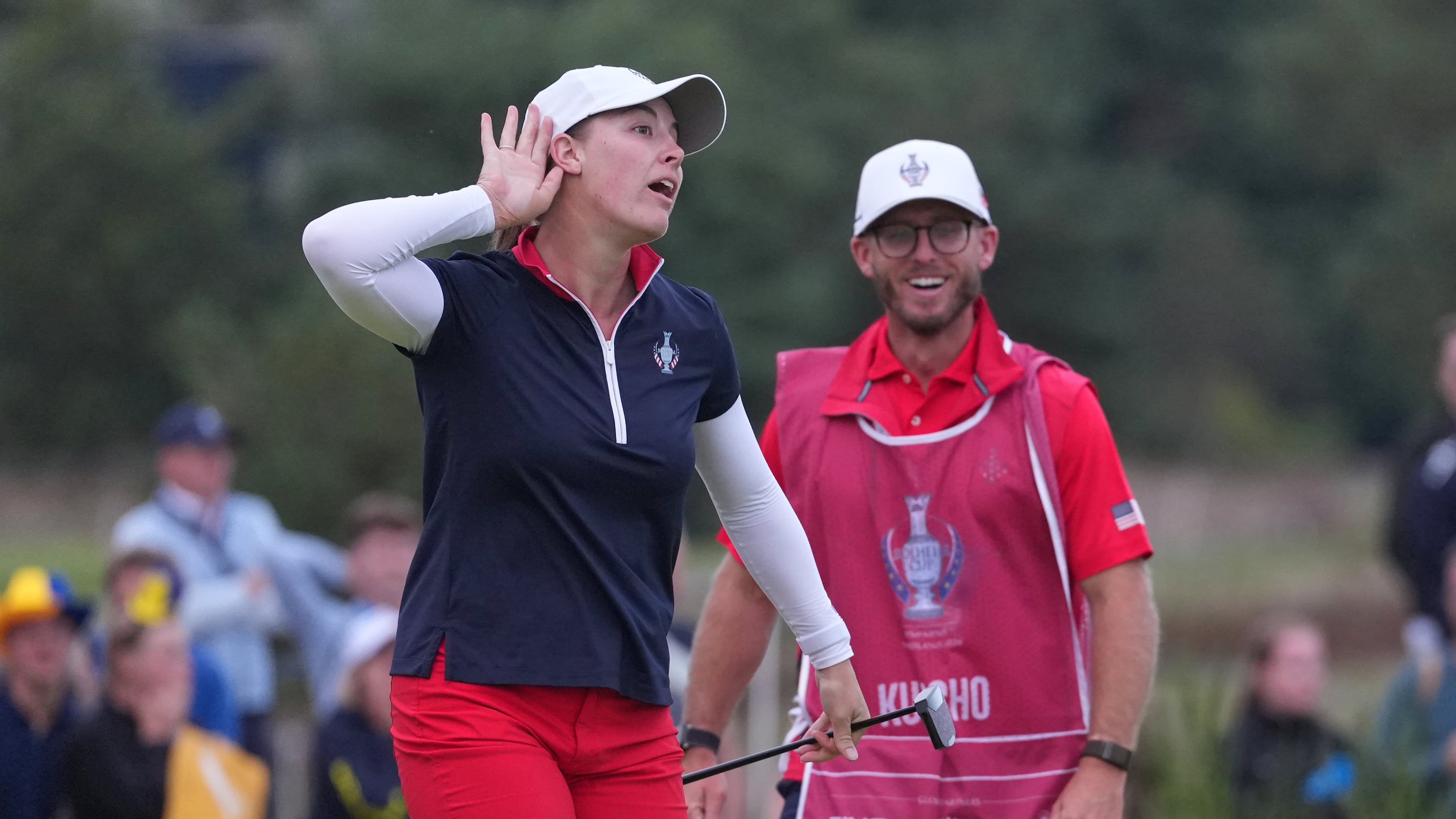 Jennifer Kupcho of the United States celebrates after holing a putt on the 18th green during the Solheim Cup in Den Bosch, Netherlands, Saturday, Sept. 12, 2026. (AP Photo/Alastair Grant)