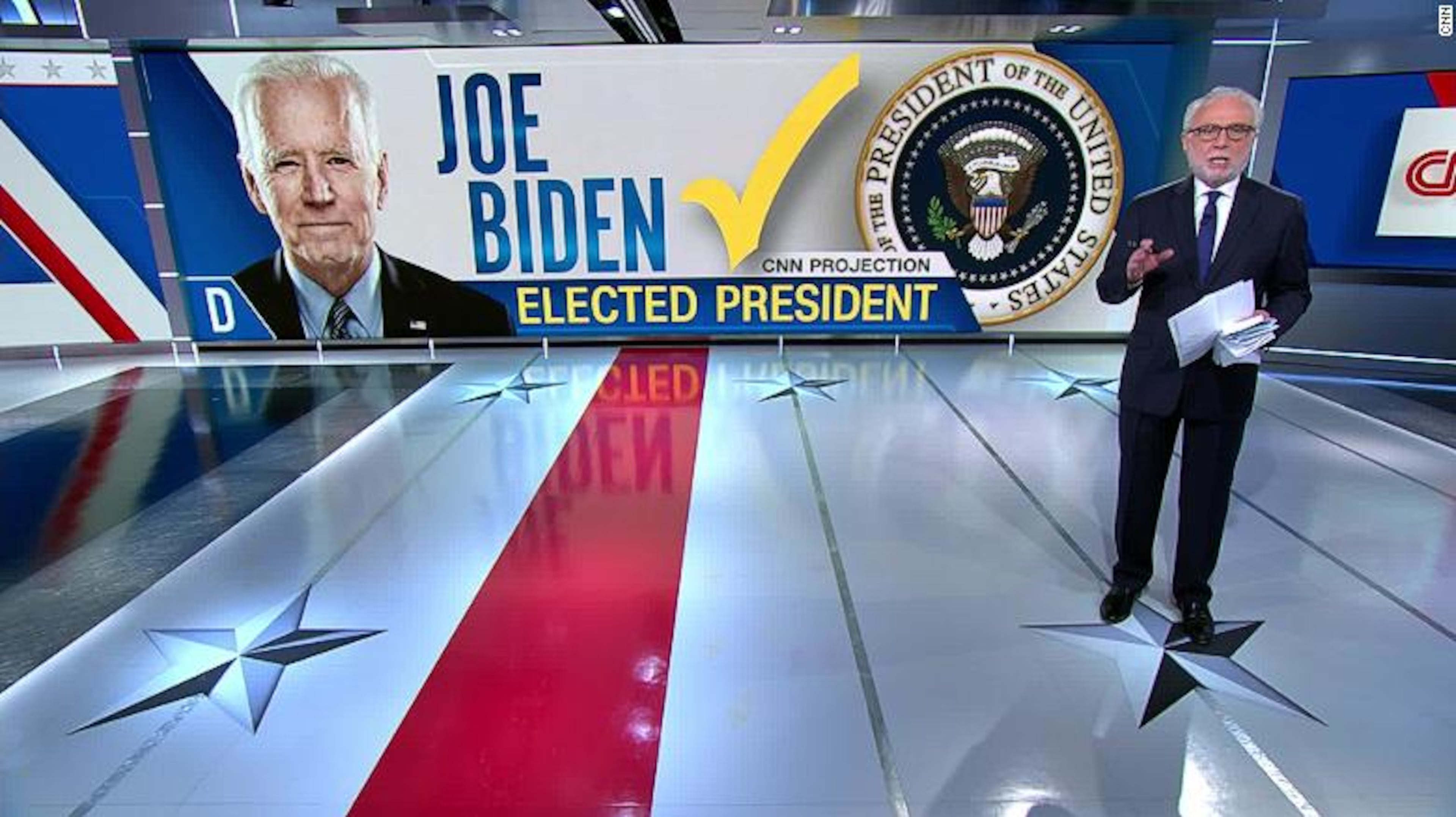 Wolf Blitzer at 11:24 a.m. Saturday, Nov. 7, 2020, announcing Joe Biden projected as president of the United States. Photo: CNN