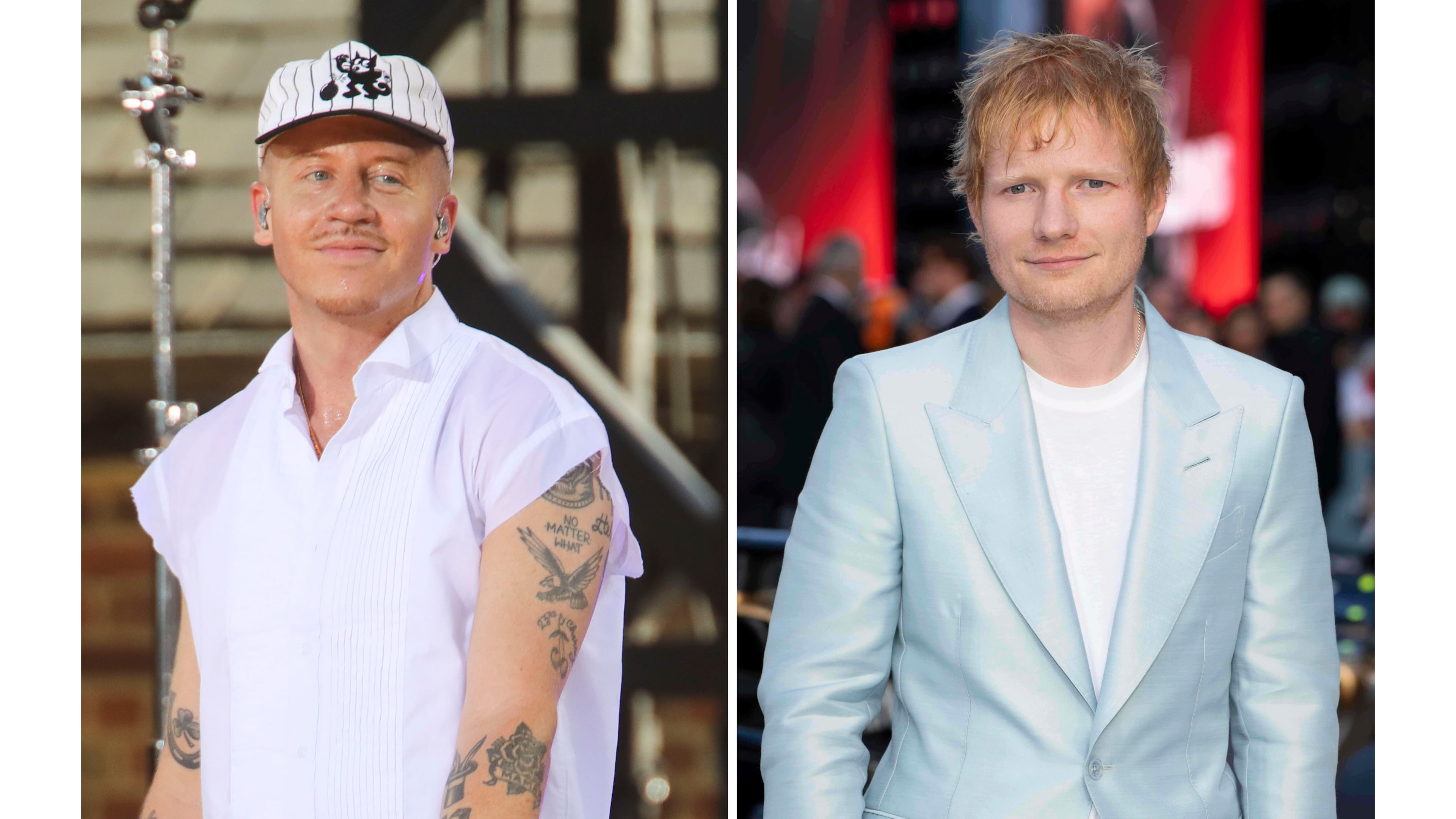 Recording artist Macklemore appears on ABC's "Good Morning America" Summer Concert Series in Central Park in New York on July 22, 2022, left, and Ed Sheeran appears at the premiere of the film "F1 The Movie" in London on June 23, 2025. (AP Photo)