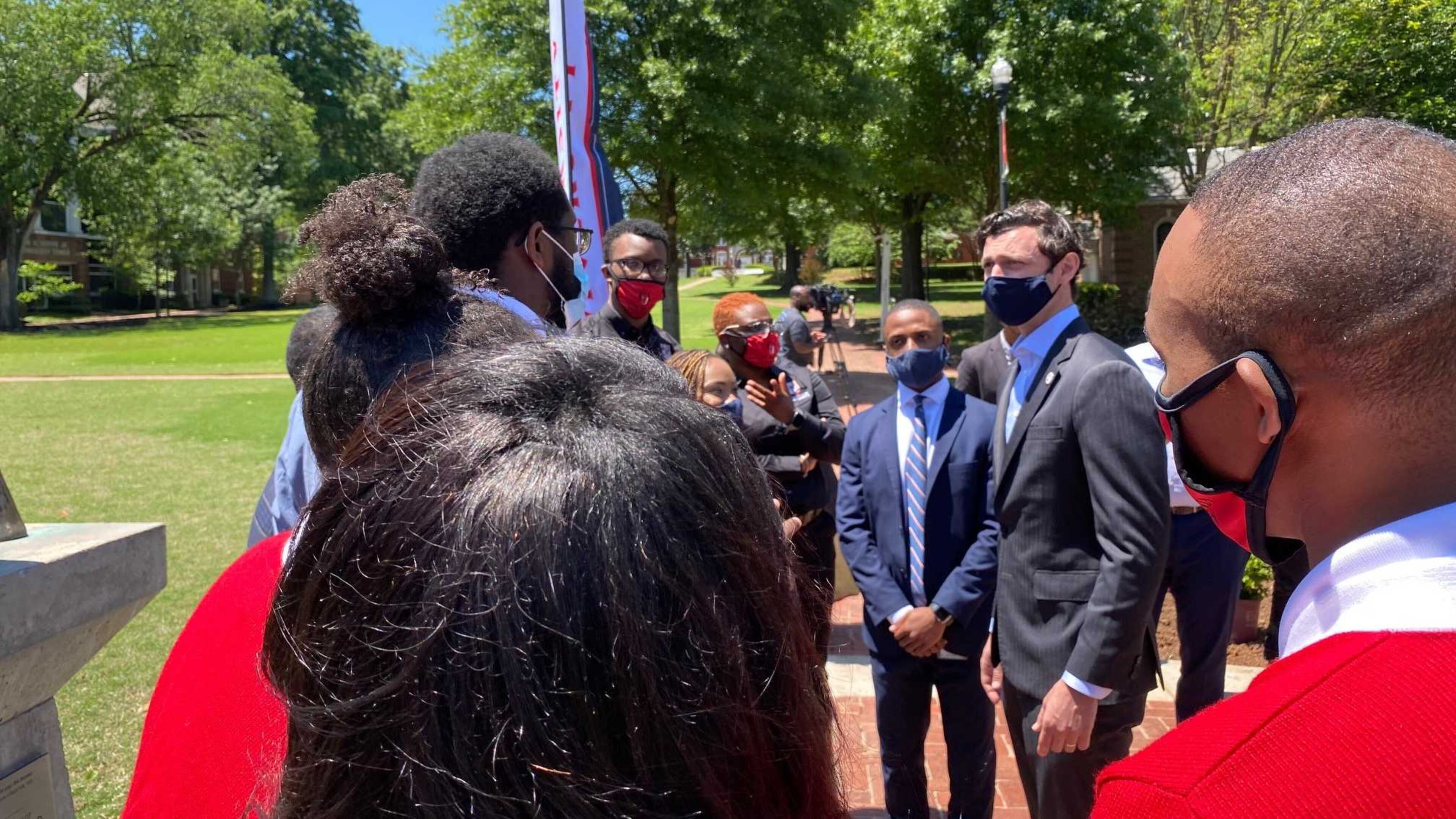 U.S. Sen. Jon Ossoff, center, speaks to a group of Clark Atlanta University students on Friday, May 7, 2021. Ossoff visited the campus to discuss federal funding that will soon come there and to other historically Black colleges in Atlanta for coronavirus pandemic relief. ERIC STIRGUS/ESTIRGUS@AJC.COM.