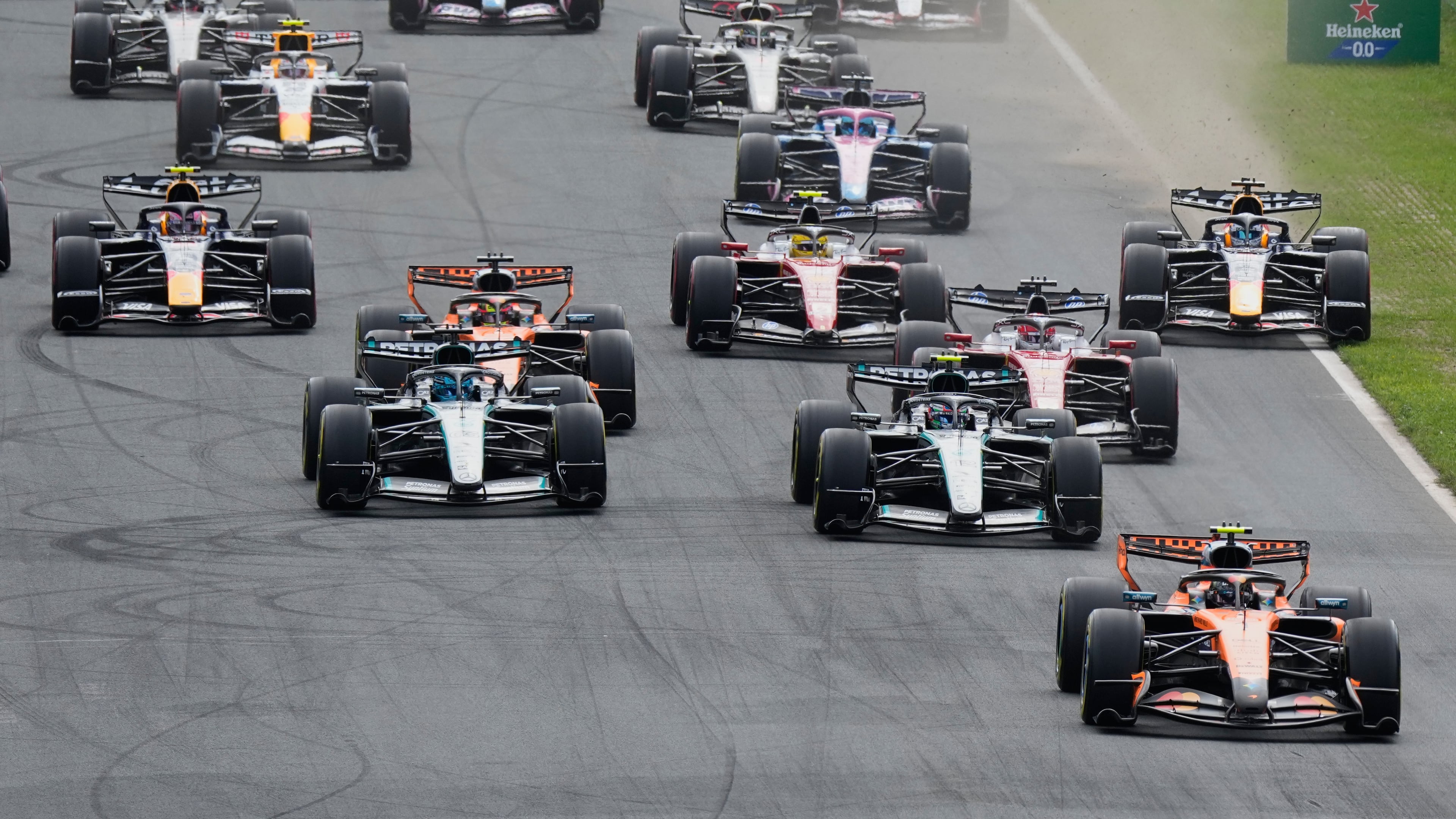 McLaren driver Lando Norris of Britain leads at the start of the Formula One Dutch Grand Prix in Zandvoort , Netherlands, Sunday, Aug. 23, 2026. (AP Photo/Darko Bandic)
