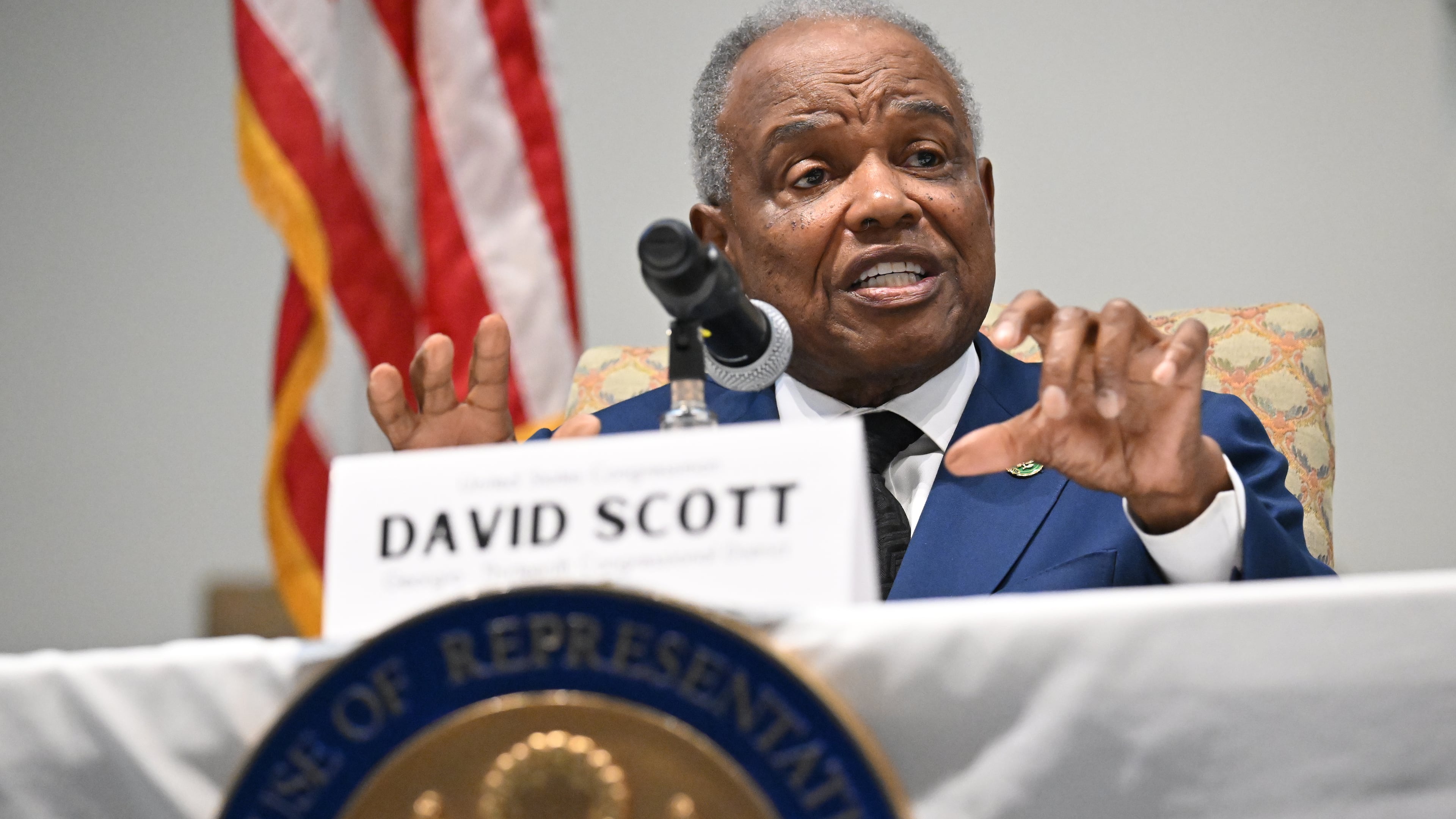 U.S. Rep. David Scott speaks as he sits along with guest speakers from several government agencies, at Christian City, in Union City. Christian City, a local nonprofit with a 500-acre campus designed to uplift vulnerable citizens, hosted a meet and greet with Scott. (Hyosub Shin/AJC 2023)