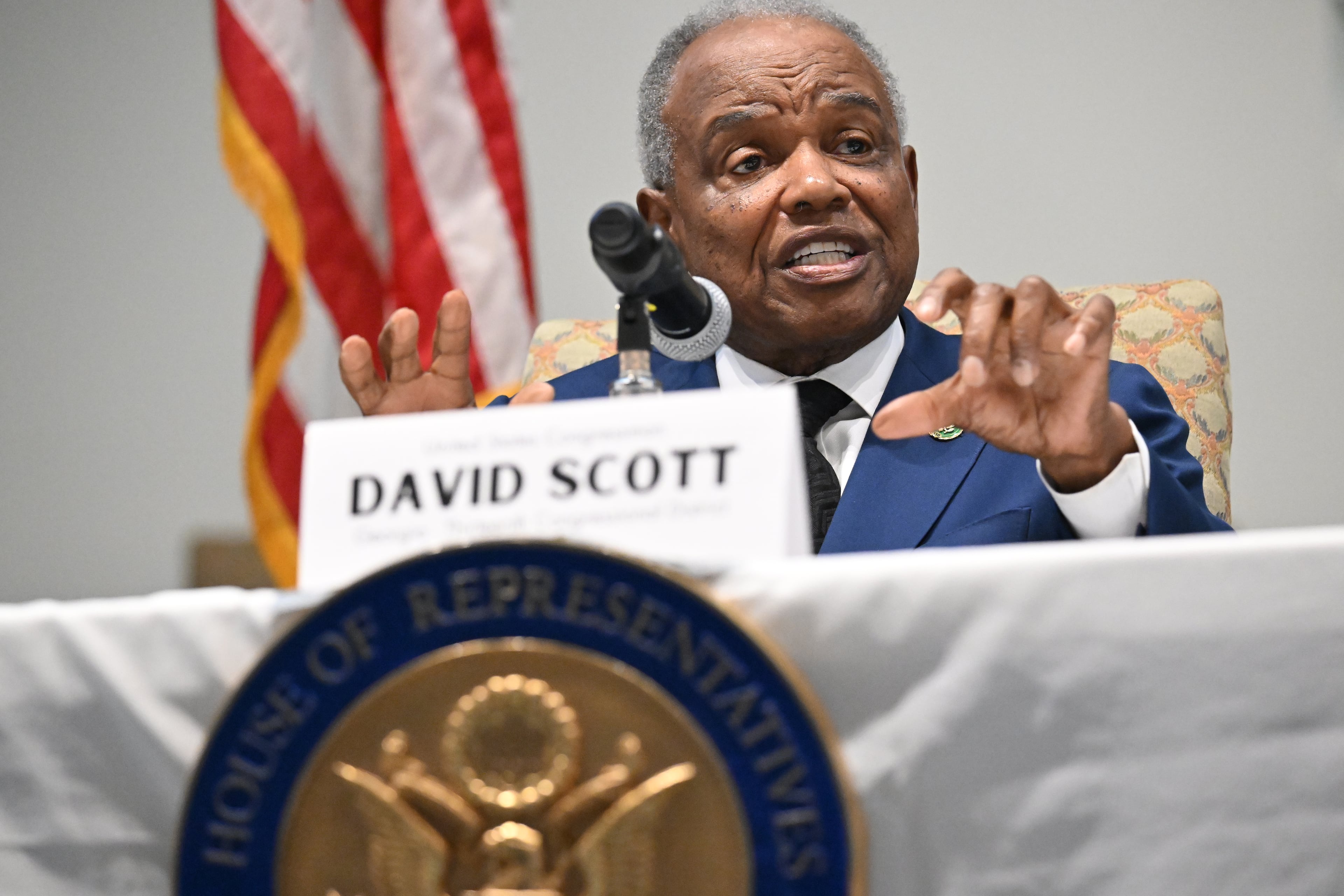 U.S. Rep. David Scott speaks as he sits along with guest speakers from several government agencies, at Christian City, in Union City. Christian City, a local nonprofit with a 500-acre campus designed to uplift vulnerable citizens, hosted a meet and greet with Scott. (Hyosub Shin/AJC 2023)