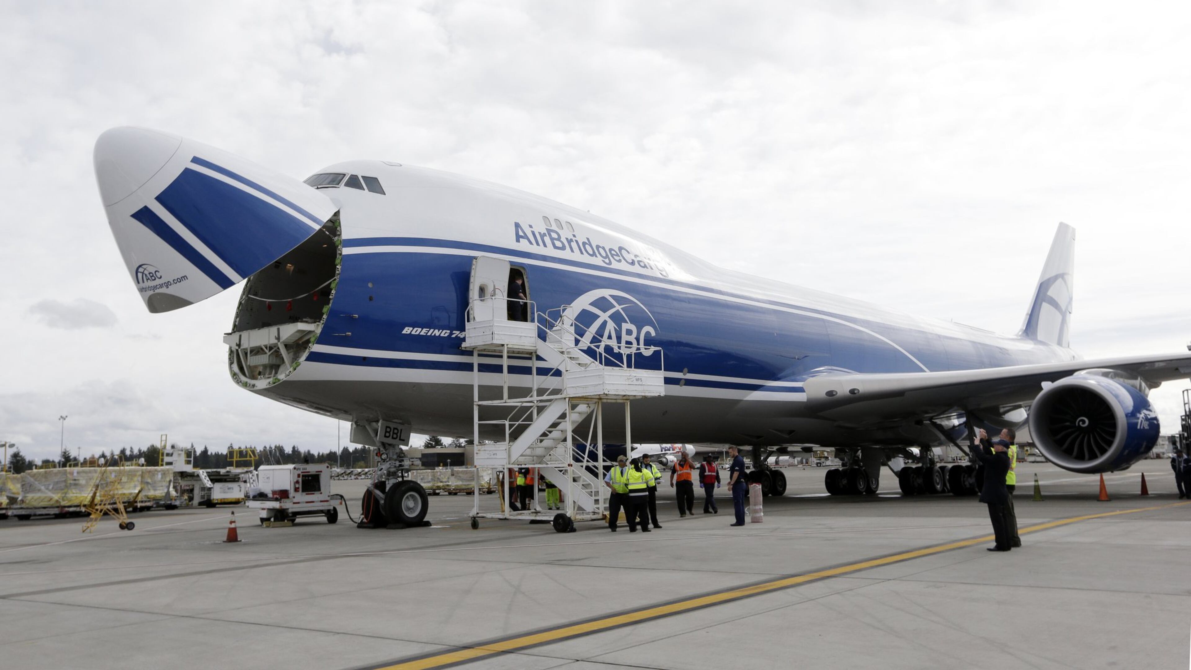 A new AirBridgeCargo Boeing 787-8 freighter in Seattle, just after delivery from Boeing. UPS is buying 14 of the enlarged 747s, with options for 14 more. (AP Photo/Elaine Thompson)