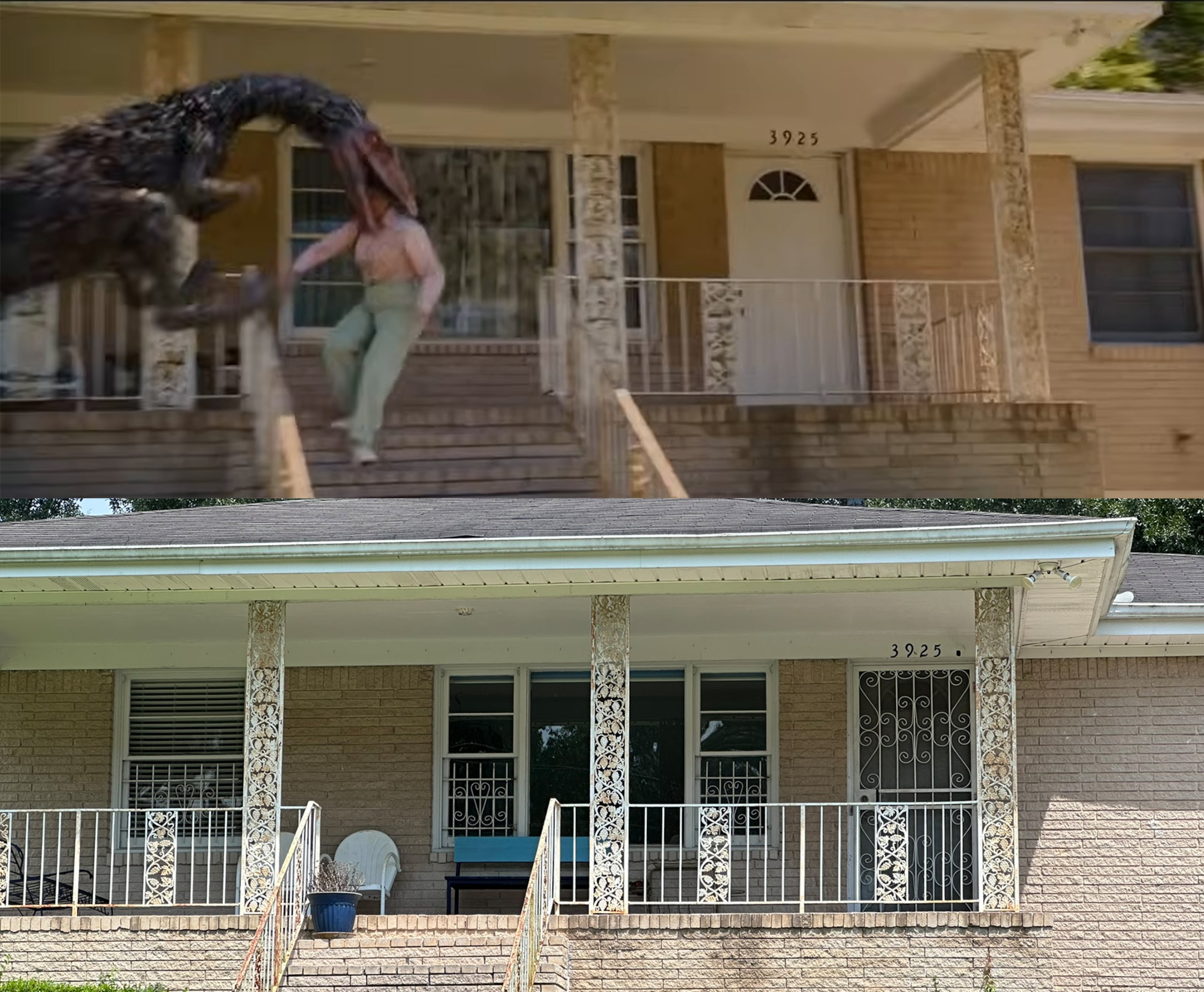 "The End of Oak Street" features several homes on Wisteria Lane in Southwest Atlanta. This home's fictional neighbor is eaten by a dinosaur, a scene catpured in the trailer of the film out Aug. 14, 2026. (Credit: Top, screen shot from Warner Brothers trailer, bottom, Rodney Ho/AJC)
