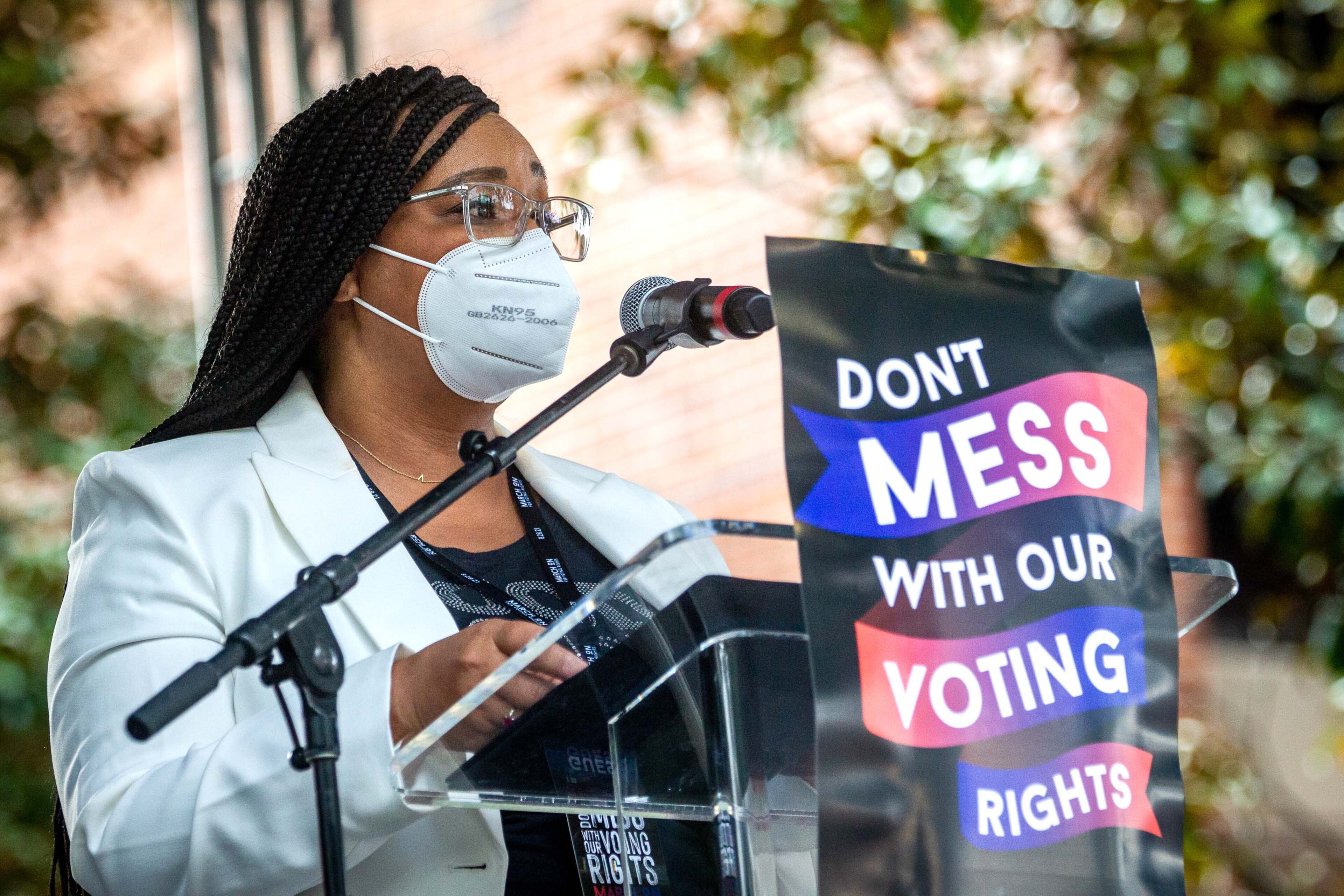 U.S. Rep. Nikema Williams, D-Atlanta, speaks at the March On For Voting Rights rally near the King Center and Ebenezer Baptist Church in Atlanta on Saturday, August 28, 2021. STEVE SCHAEFER FOR THE ATLANTA JOURNAL-CONSTITUTION