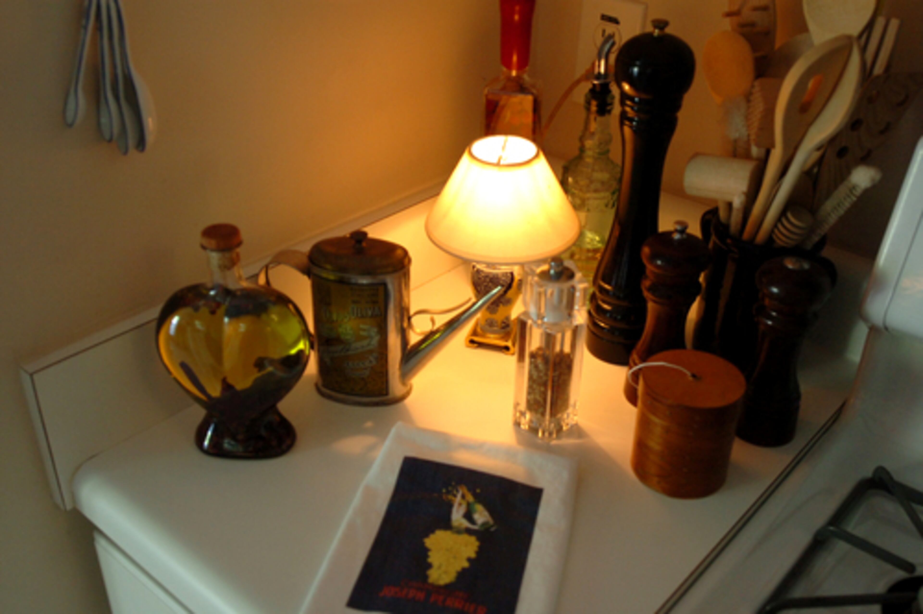 Cooking utensils by the stove in Ingram's kitchen.