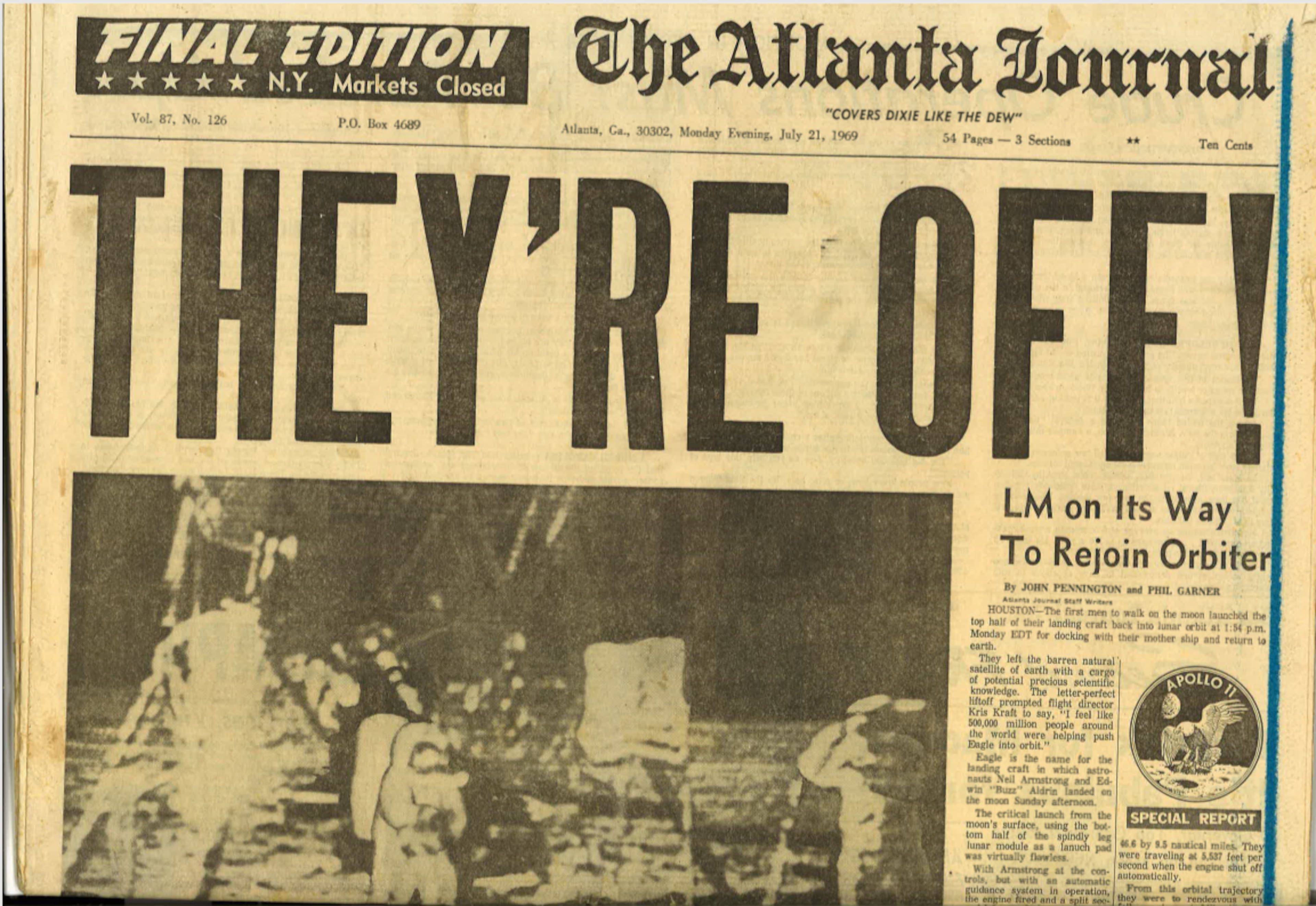 The final edition of The Atlanta Journal, marked by the blue streak down the side, declared "THEY'RE OFF!" The astronauts had left the moon surface and returned to the main spacecraft but still 3 more days in space ahead of them. (AJC archives.)