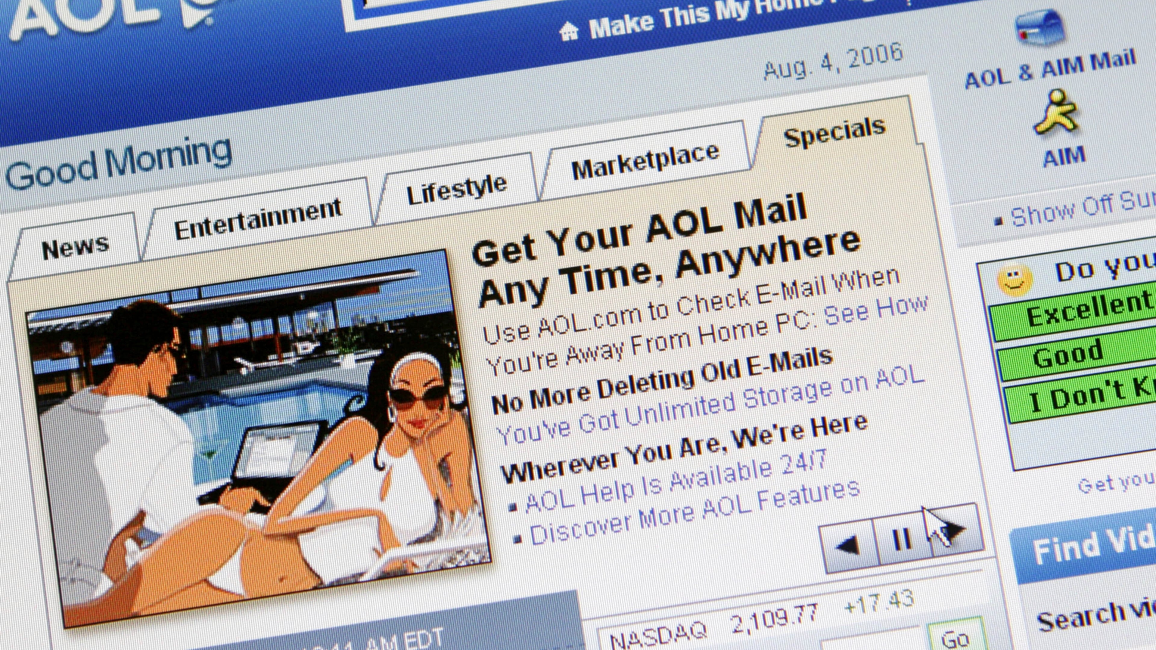 FILE - AOL's home page is shown on a computer screen, Aug. 4, 2006, in New York. (AP Photo/Mark Lennihan, File)