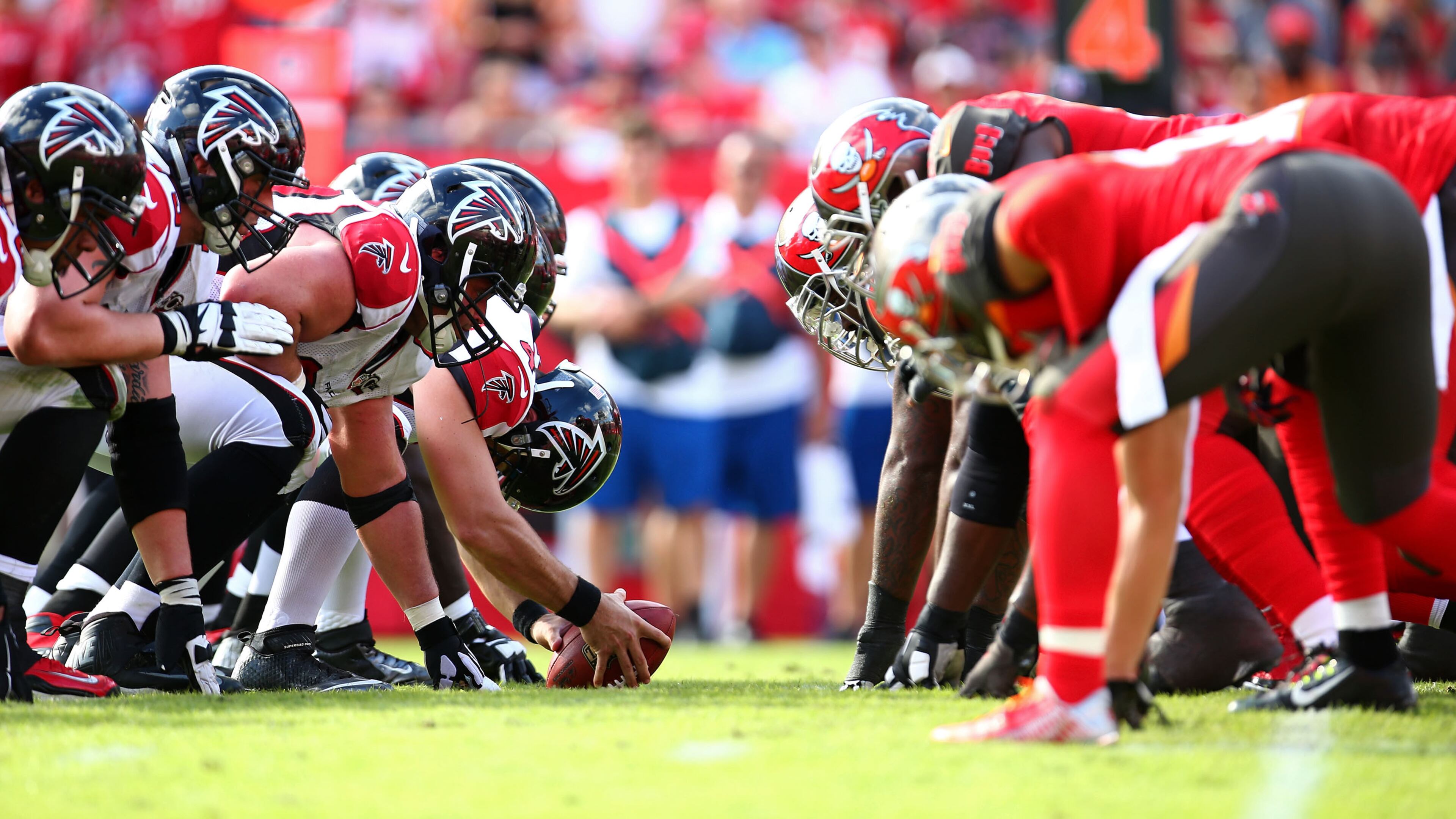 TAMPA, FL - DECEMBER 06: Atlanta Falcons and Tampa Bay Buccaneers players line up before a snap during the second half of the game at Raymond James Stadium on December 6, 2015 in Tampa, Florida. (Photo by Rob Foldy/Getty Images)