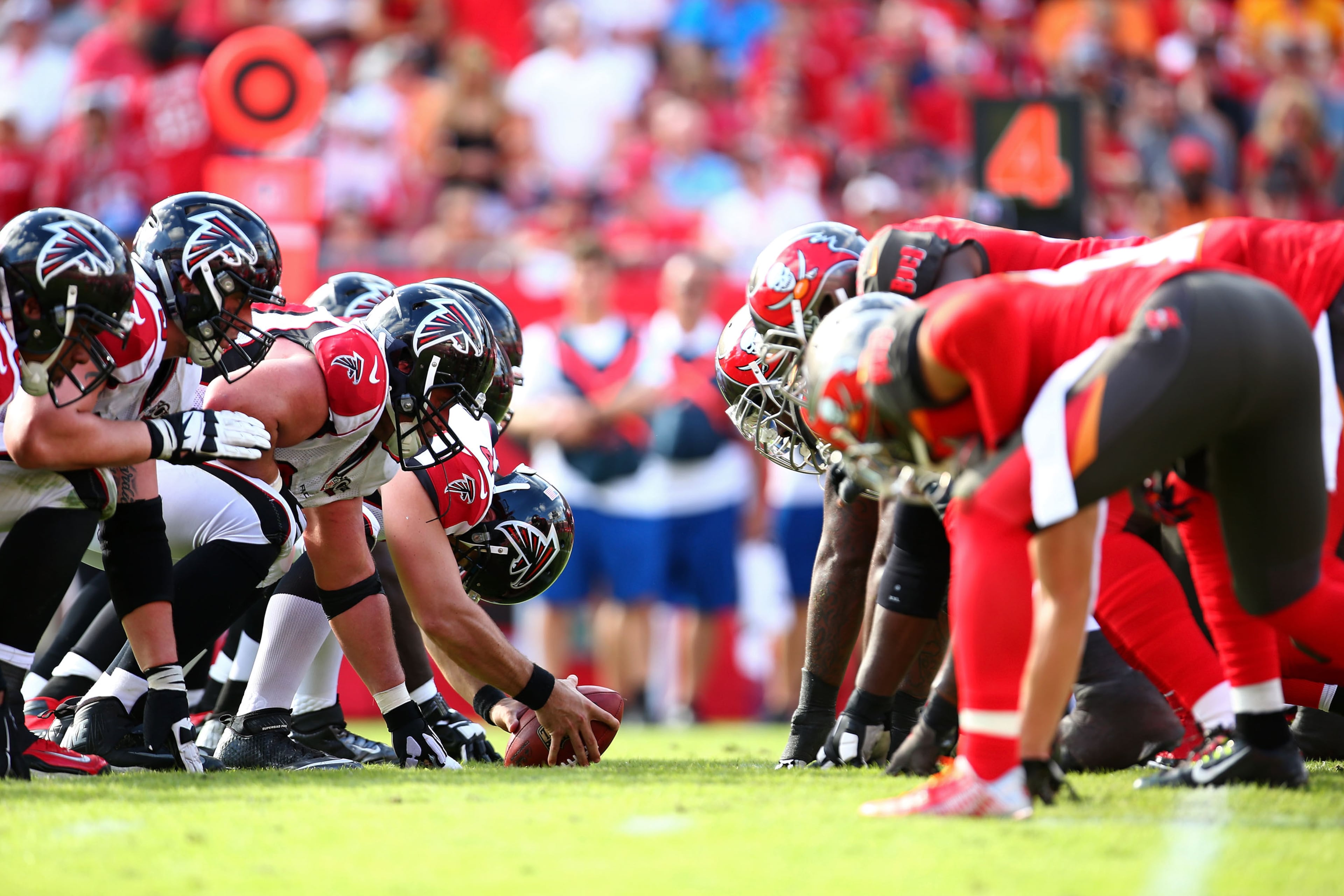 TAMPA, FL - DECEMBER 06: Atlanta Falcons and Tampa Bay Buccaneers players line up before a snap during the second half of the game at Raymond James Stadium on December 6, 2015 in Tampa, Florida. (Photo by Rob Foldy/Getty Images)