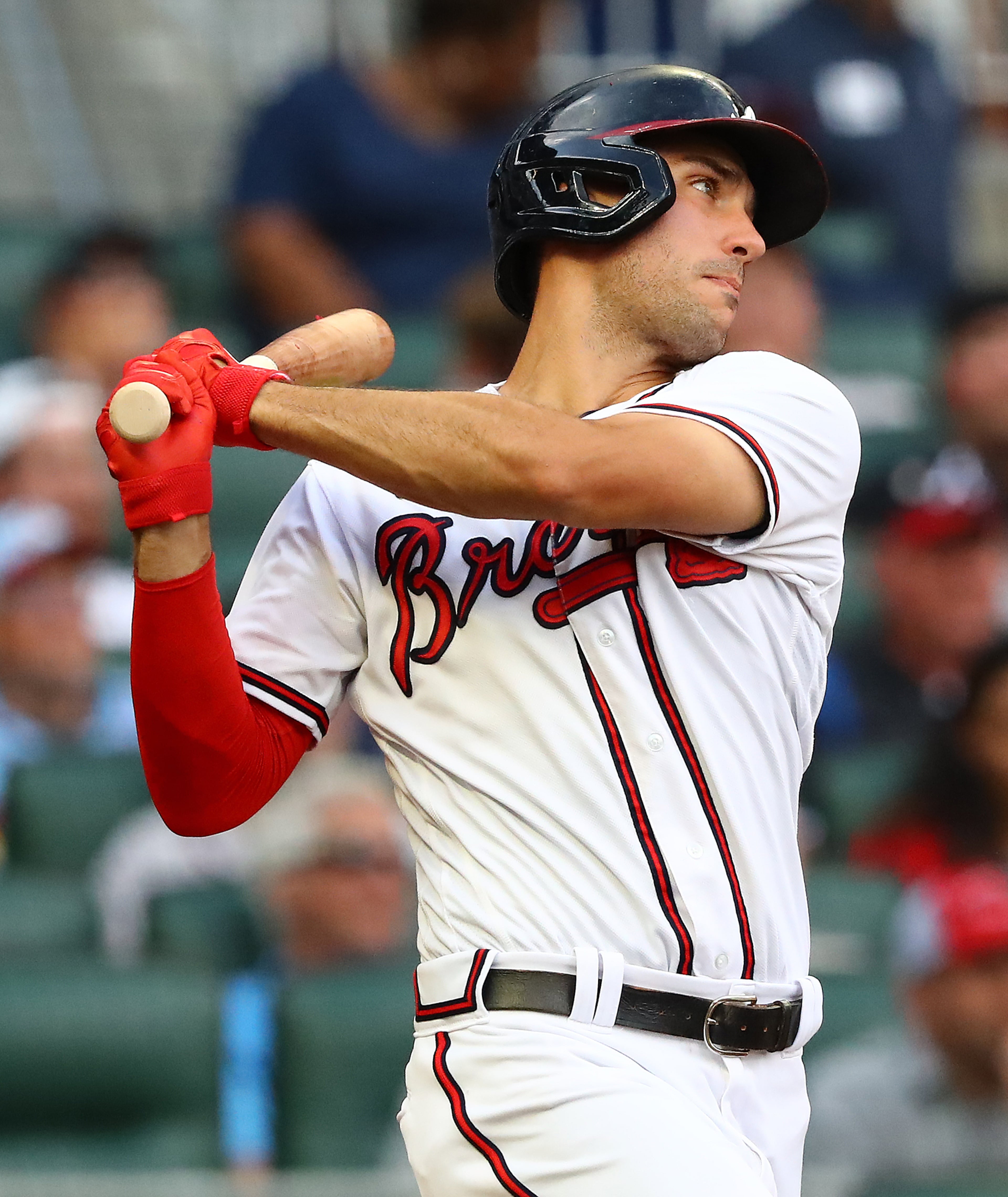 Atlanta Braves first baseman Matt Olson hits an RBI single to tie the game 1-1 with the St. Louis Cardinals during the first inning in a MLB baseball game on Tuesday, July 5, 2022, in Atlanta. “Curtis Compton / Curtis.Compton@ajc.com”