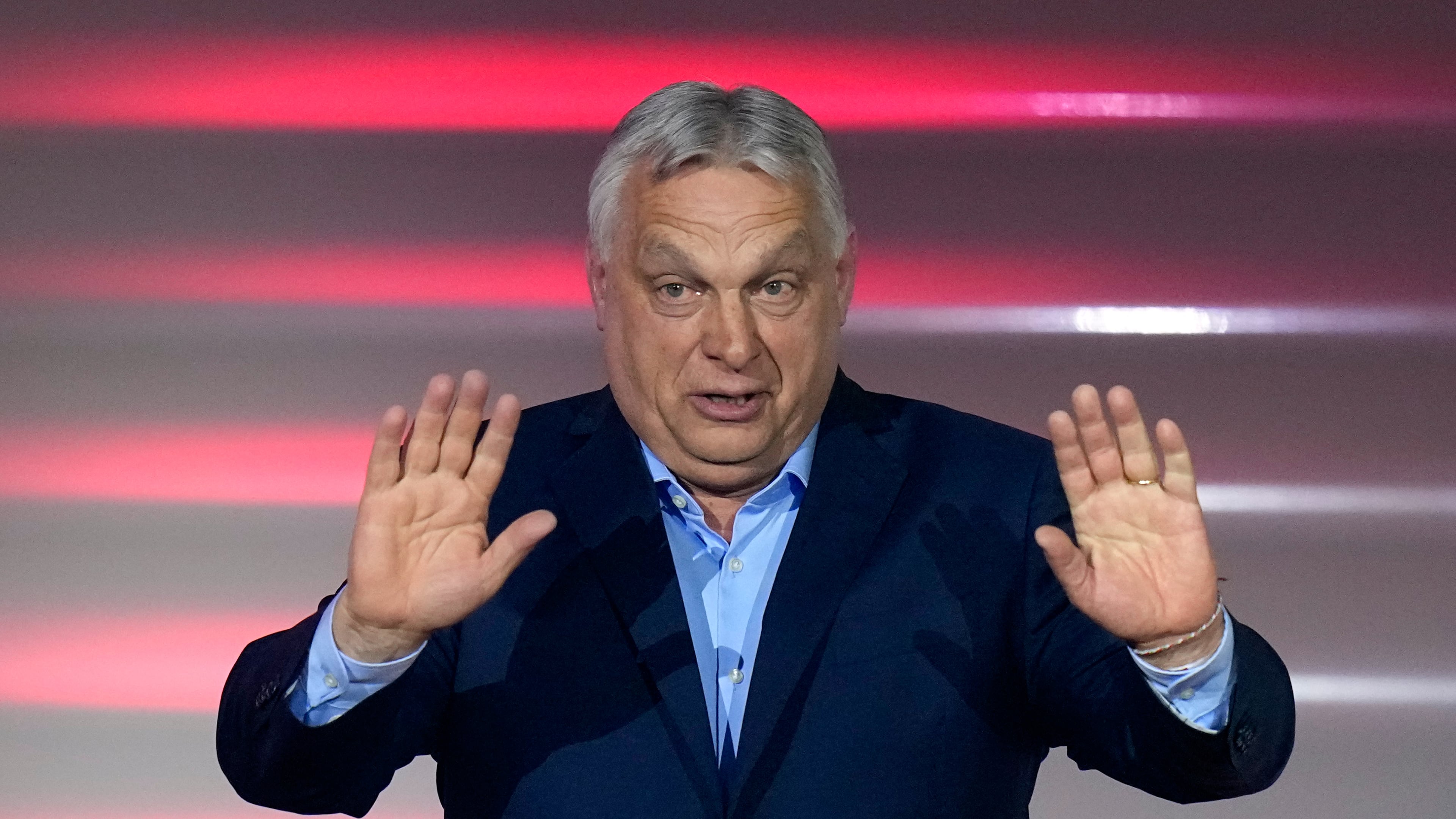 Hungary's Prime Minister Viktor Orban addresses supporters after receiving the results of a parliamentary election in Budapest, Hungary, Sunday, April 12, 2026. (AP Photo/Petr David Josek)