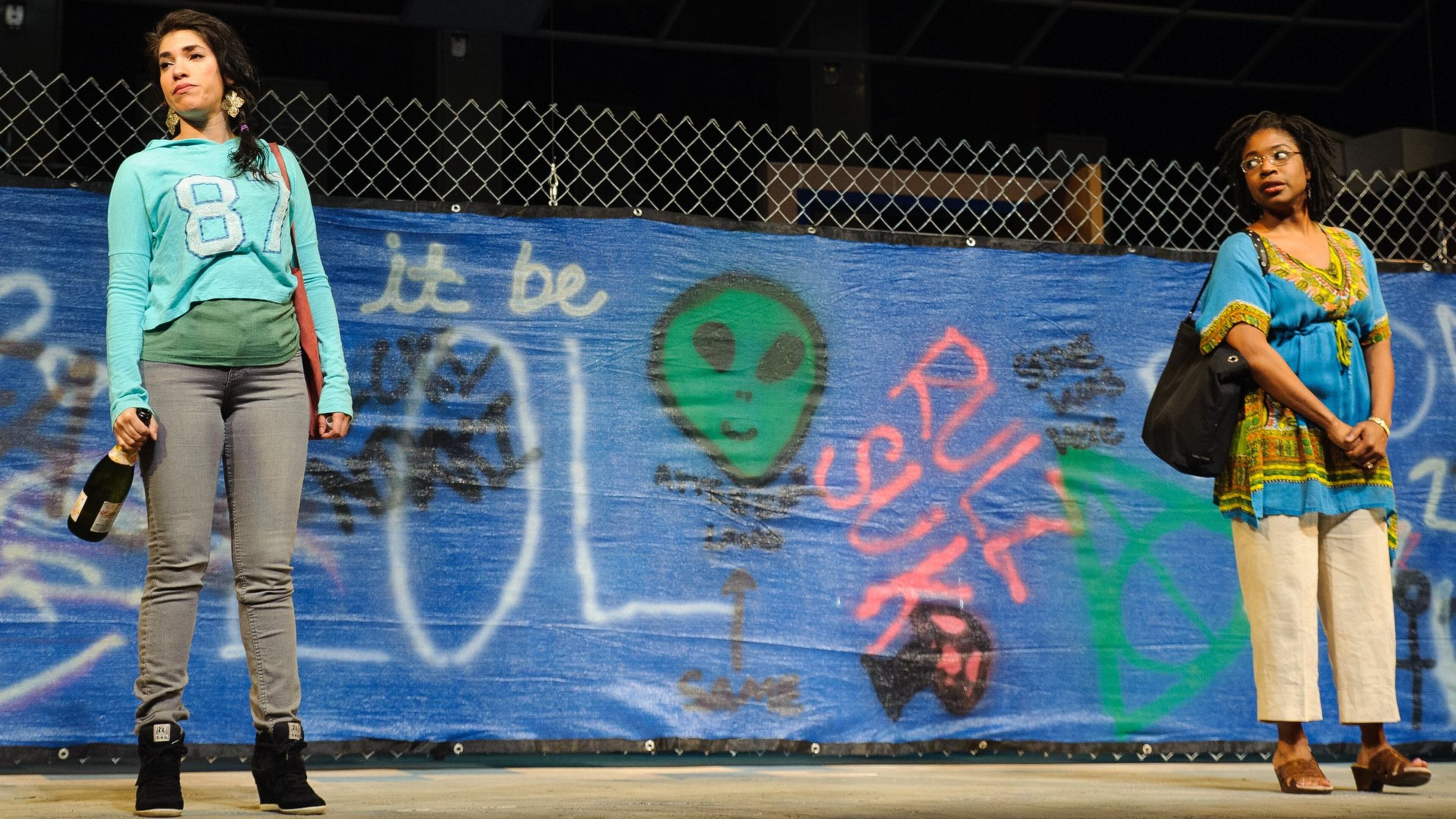 True Colors Theatre’s “Exit Strategy” features Diany Rodriguez (left) and Tracey N. Bonner. PHOTO CREDIT: Greg Mooney