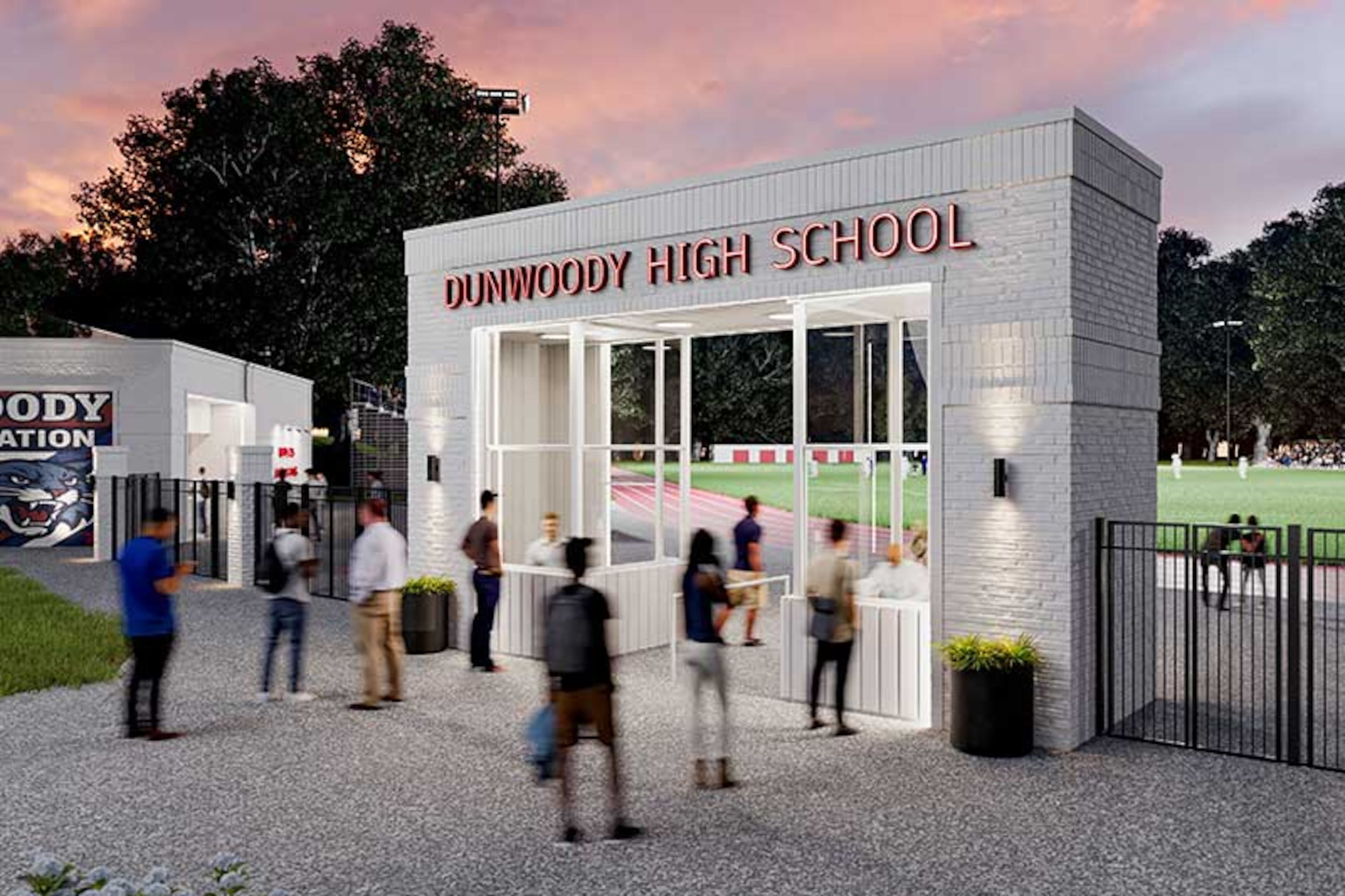 A rendering of what the Seacrest Stadium ticket booth entrance will look like once it's finished in the summer of 2027. Courtesy of the Bring it Home Campaign for Dunwoody High School Communication Association.