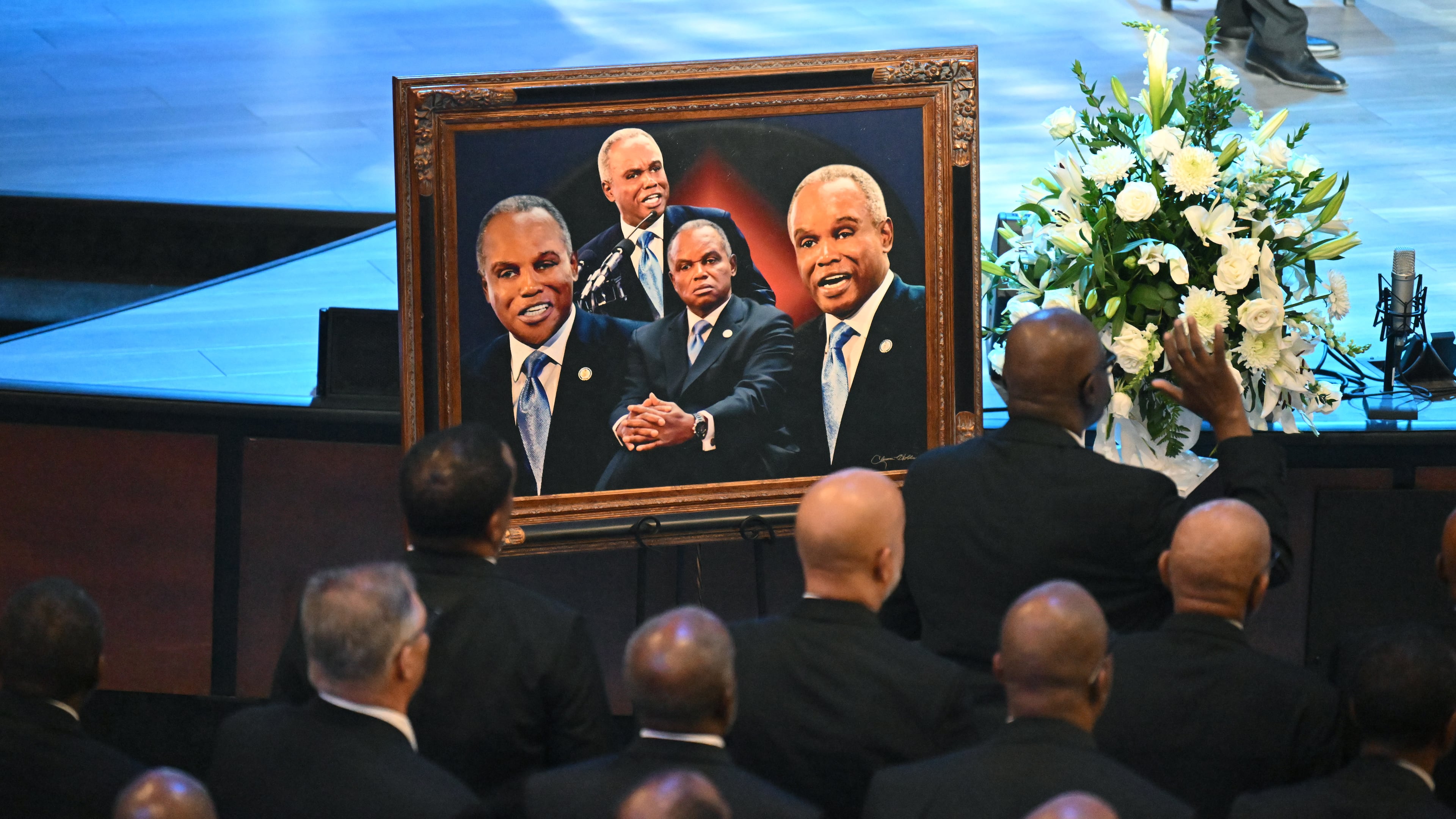 A framed photo of U.S. Rep. David Scott is displayed during his funeral service at Elizabeth Baptist Church on Saturday, May 2, 2026, in Atlanta. (Hyosub Shin/AJC)