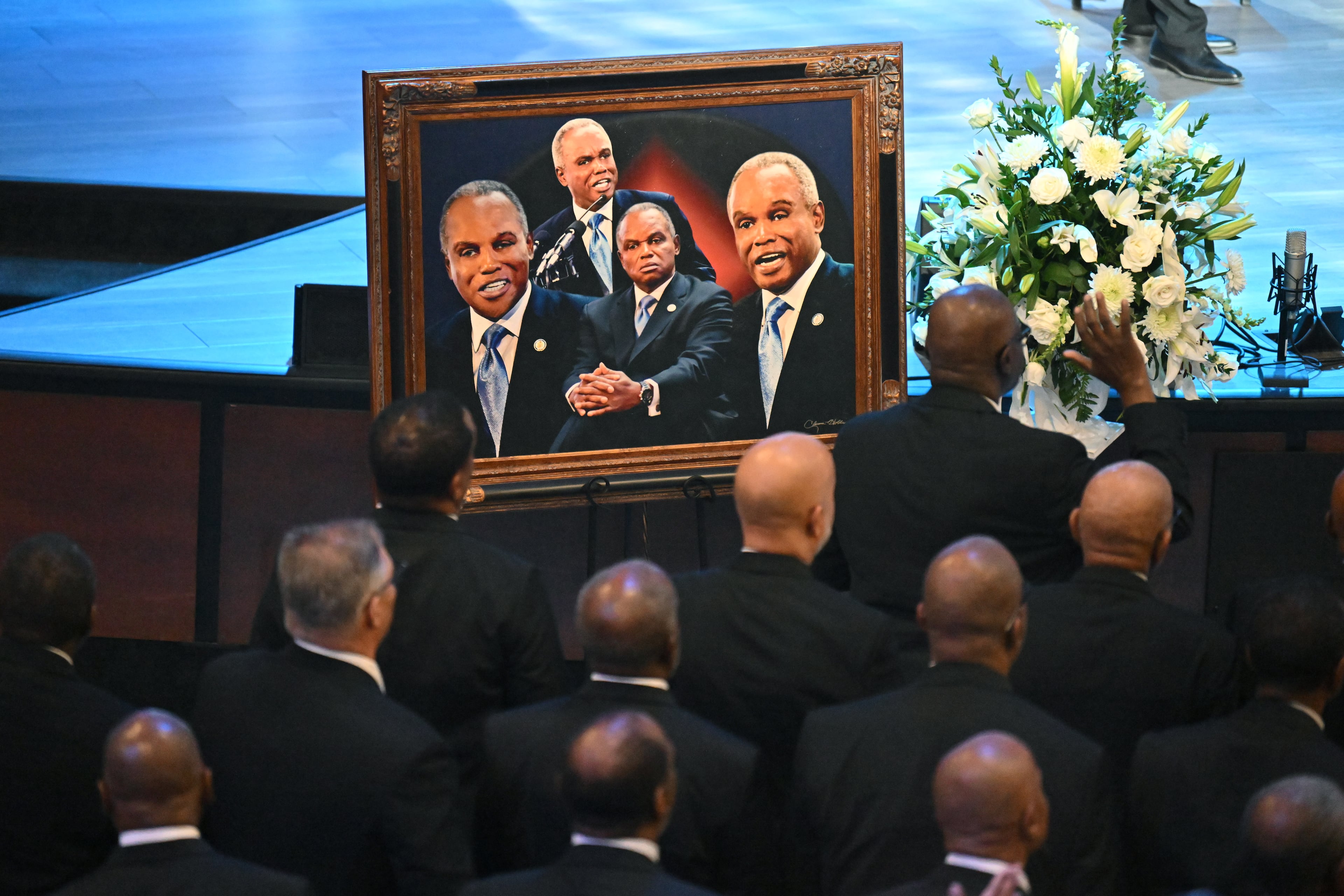 A framed photo of U.S. Rep. David Scott is displayed during his funeral service at Elizabeth Baptist Church on Saturday, May 2, 2026, in Atlanta. (Hyosub Shin/AJC)