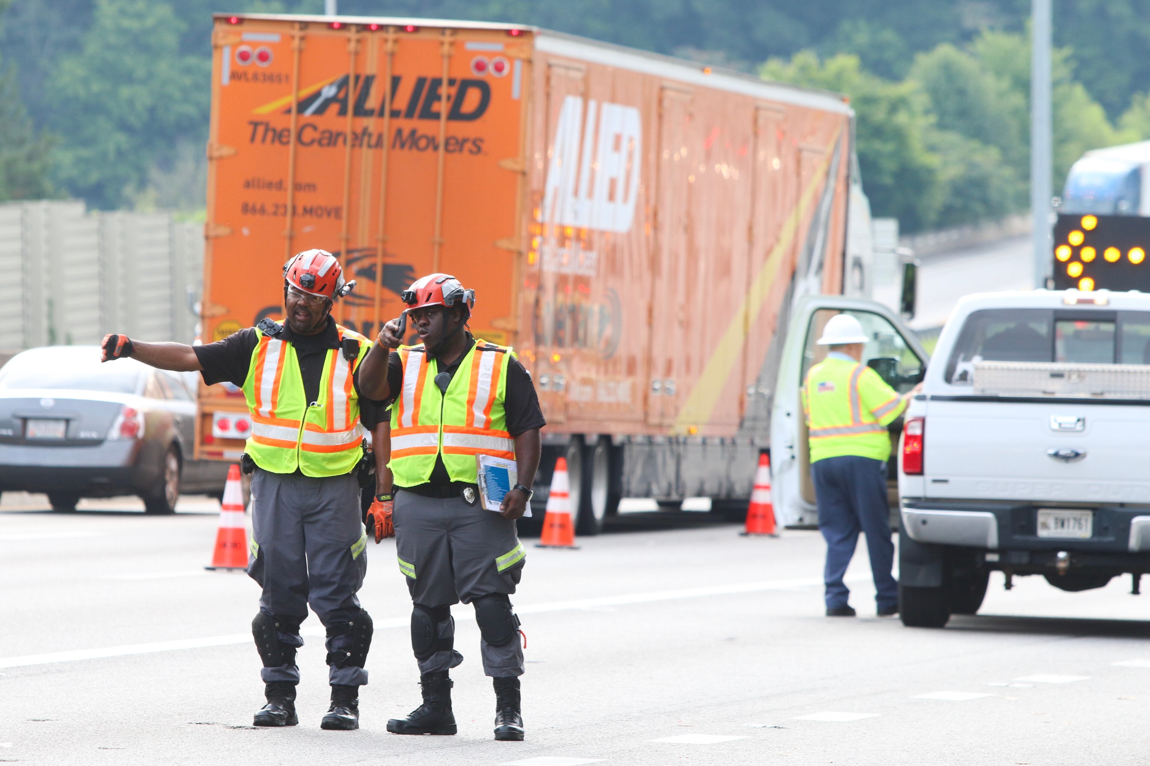 H.E.R.O. unit operators helped with traffic on I-20 near the I-285 North exit on Tuesday. Plywood scattered in the road caused workers to shut down multiple right lanes. They worked to clear the debris throughout the morning.