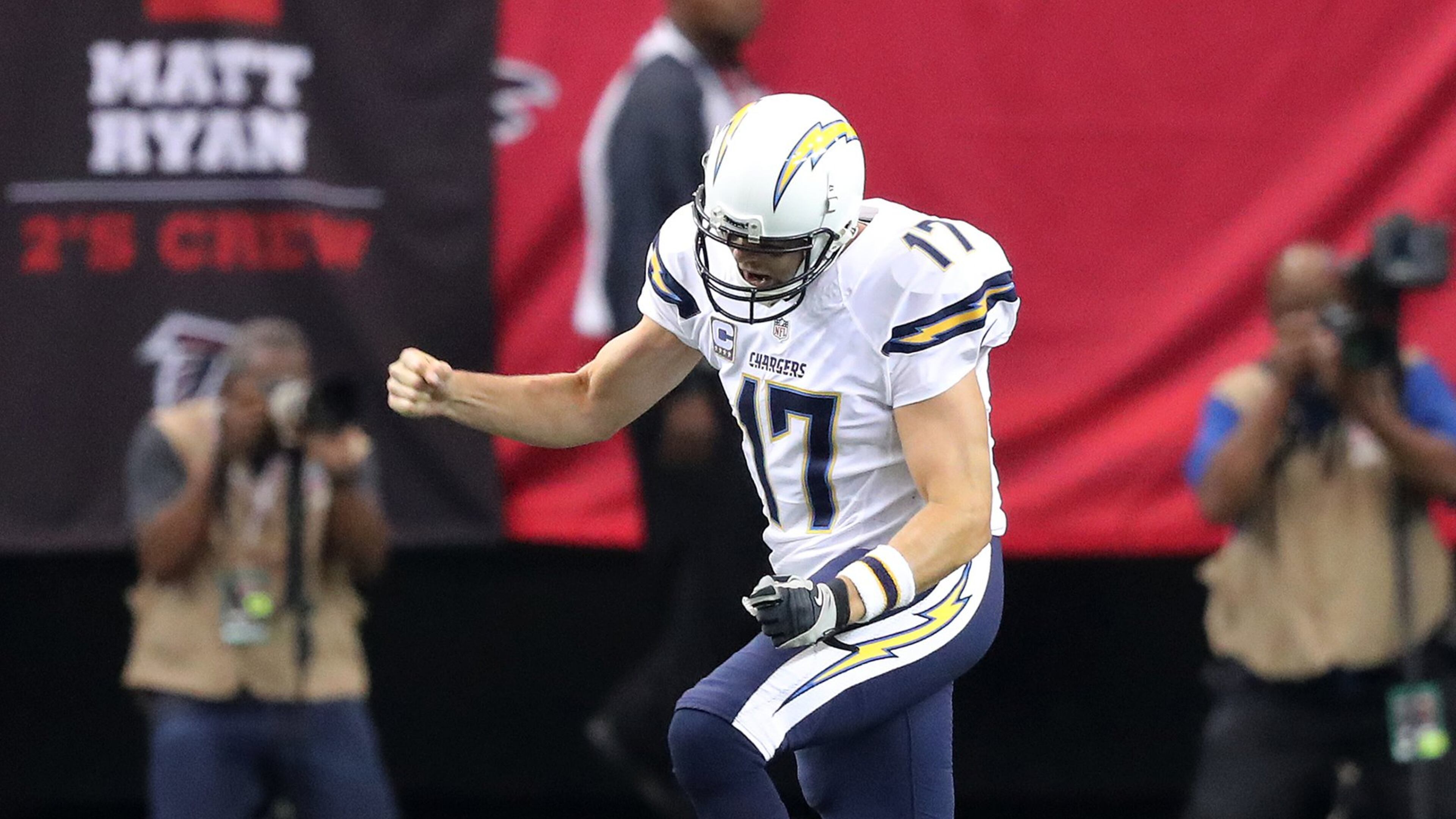 Chargers quarterback Philip Rivers reacts to a touchdown against the Falcons in the opening drive of an NFL football game on Sunday, Oct. 23, 2016, in Atlanta. The Chargers beat the Falcons 33-30 in overtime. Curtis Compton /ccompton@ajc.com