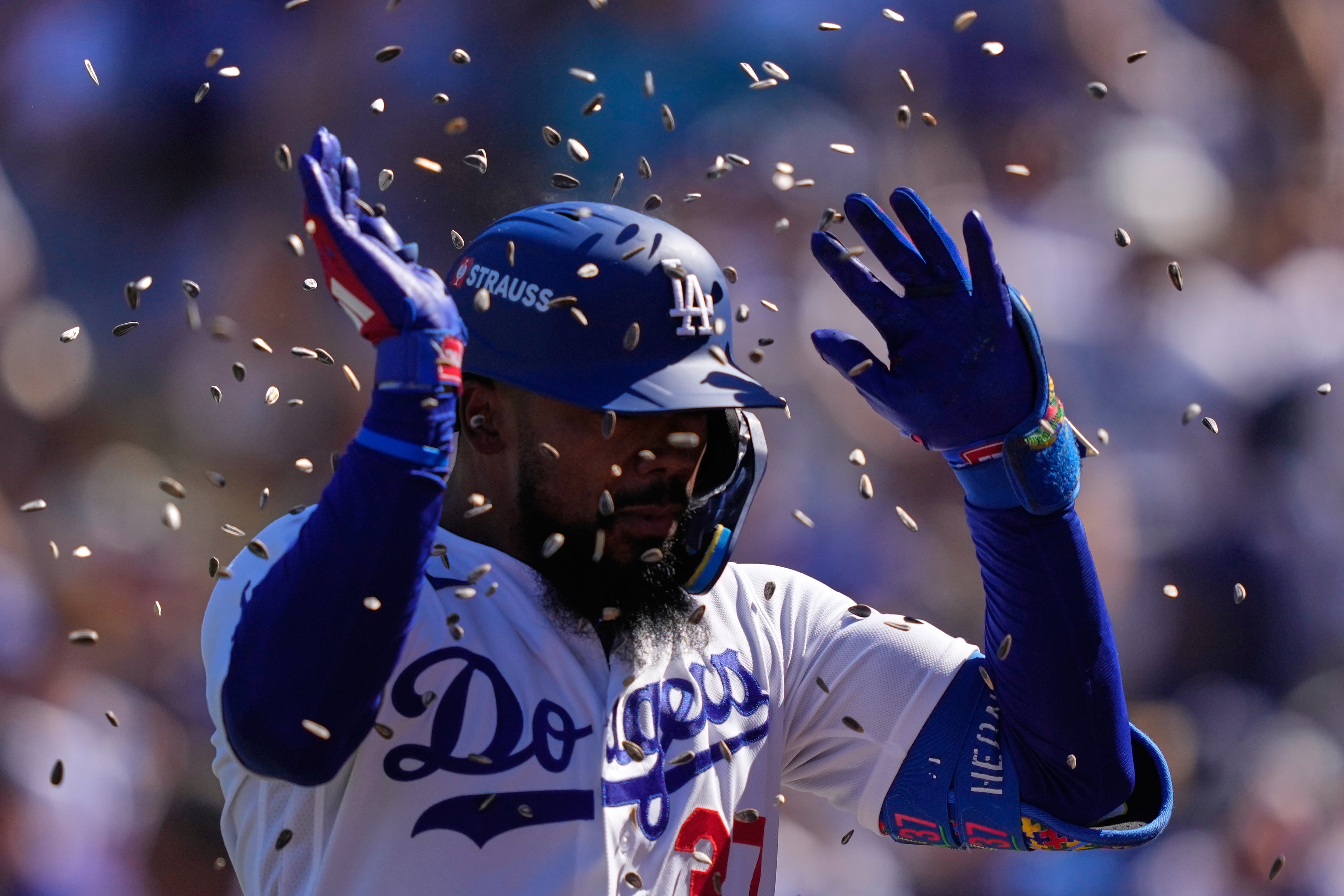Los Angeles Dodgers' Teoscar Hernández celebrates after hitting a two-run home run during the fourth inning of Game 1 of a National League Division Series baseball game against the Atlanta Braves Saturday, Oct. 3, 2026, in Los Angeles. (Mark J. Terrill/AP)